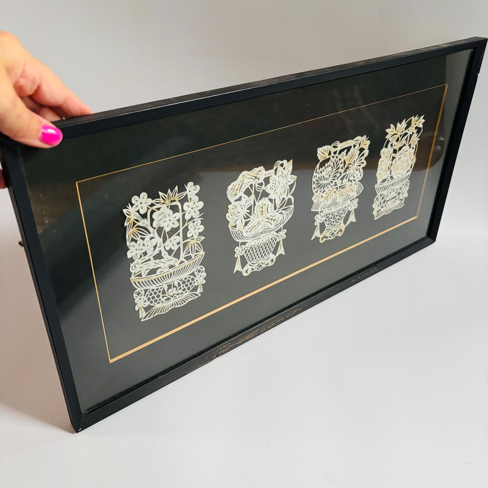 Mid Century Japanese Kirie Paper Cut Floral Art   Framed Set Of Four