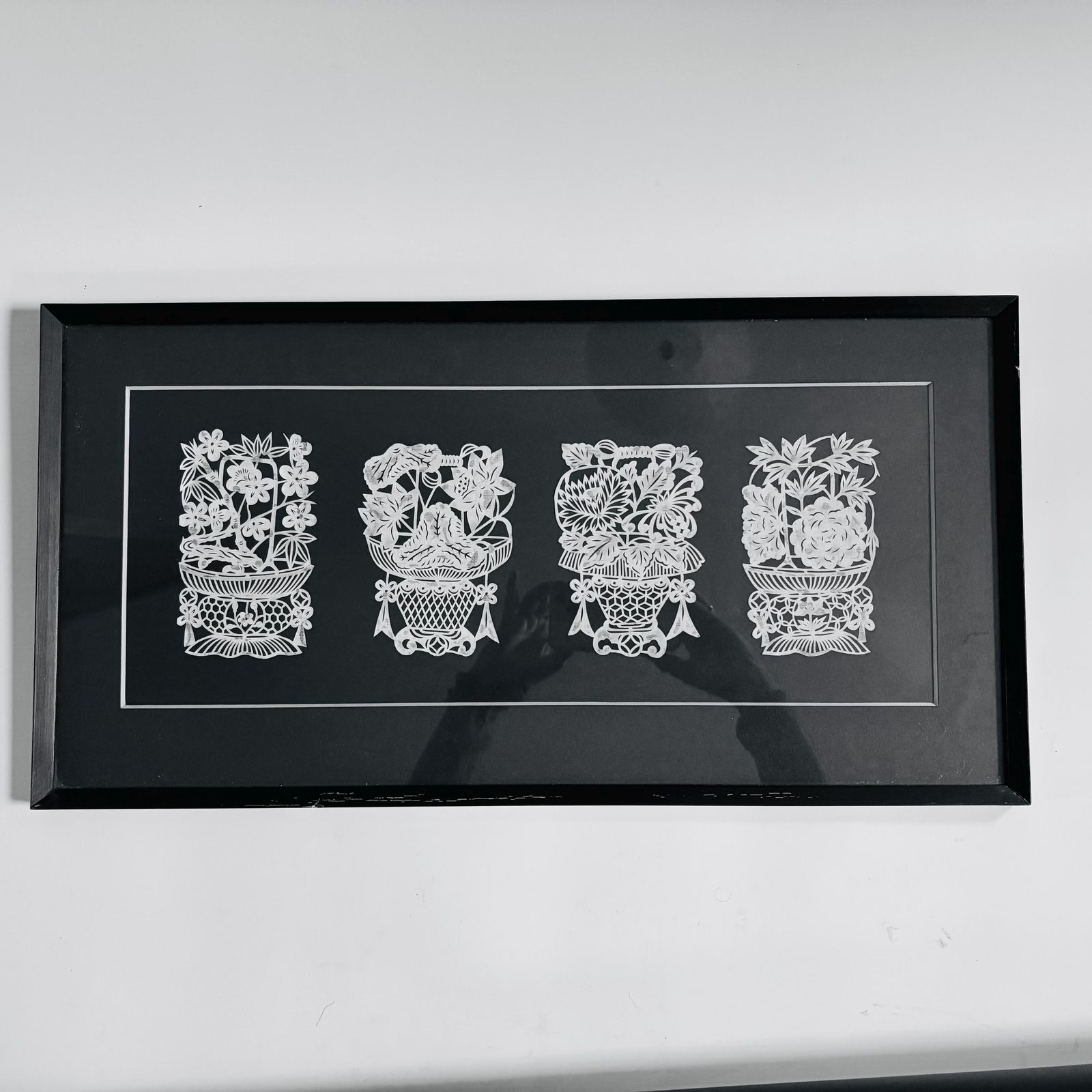 Mid Century Japanese Kirie Paper Cut Floral Art   Framed Set Of Four photo furniture