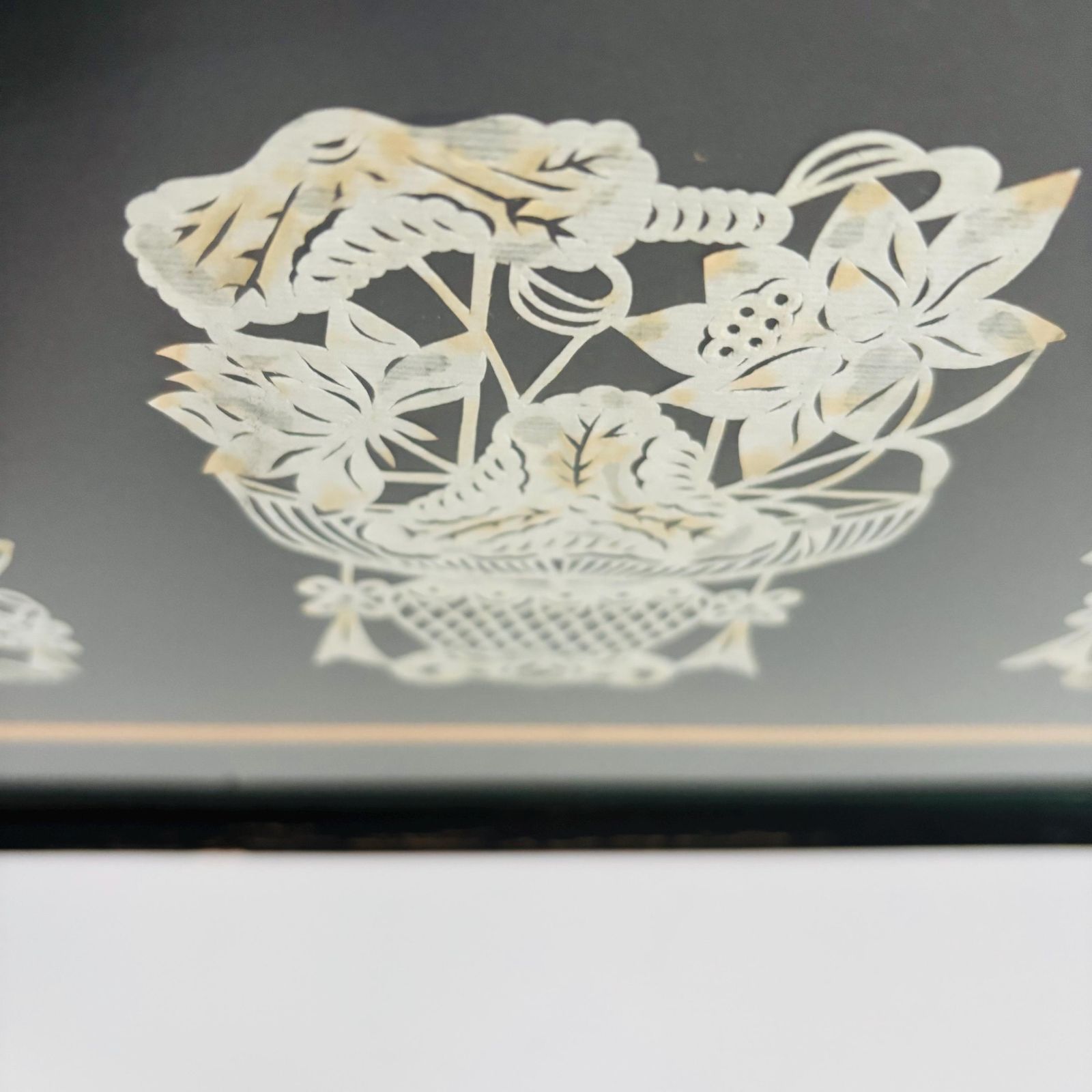 Mid Century Japanese Kirie Paper Cut Floral Art   Framed Set Of Four photo vintage