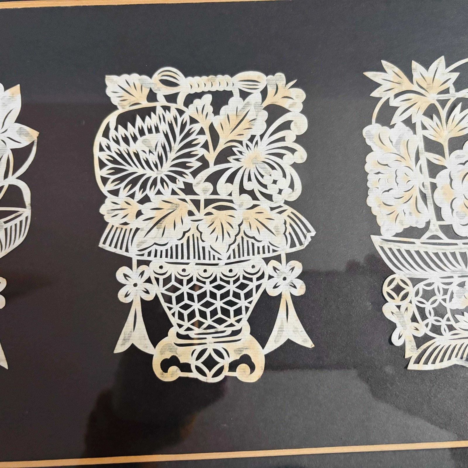 photo furniture Mid Century Japanese Kirie Paper Cut Floral Art   Framed Set Of Four