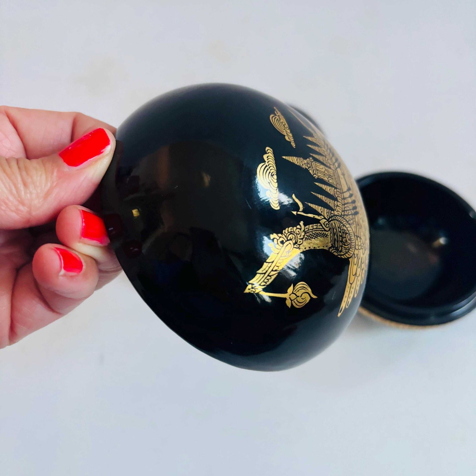 photo for sale Vintage Burmese Lacquer Nesting Boxes | Gold Boat Motif, Myanmar Art
