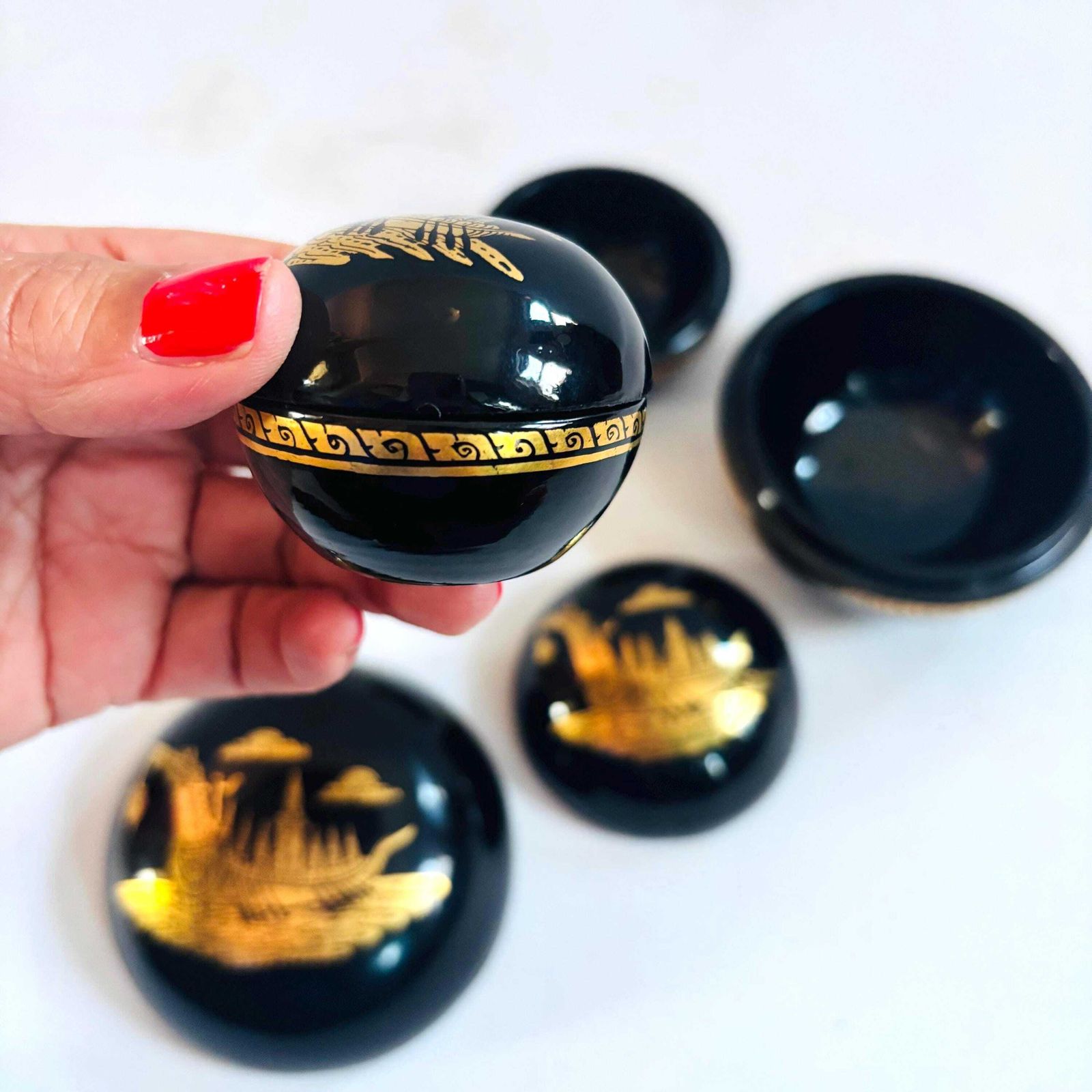 Home Decor Vintage Burmese Lacquer Nesting Boxes | Gold Boat Motif, Myanmar Art photo