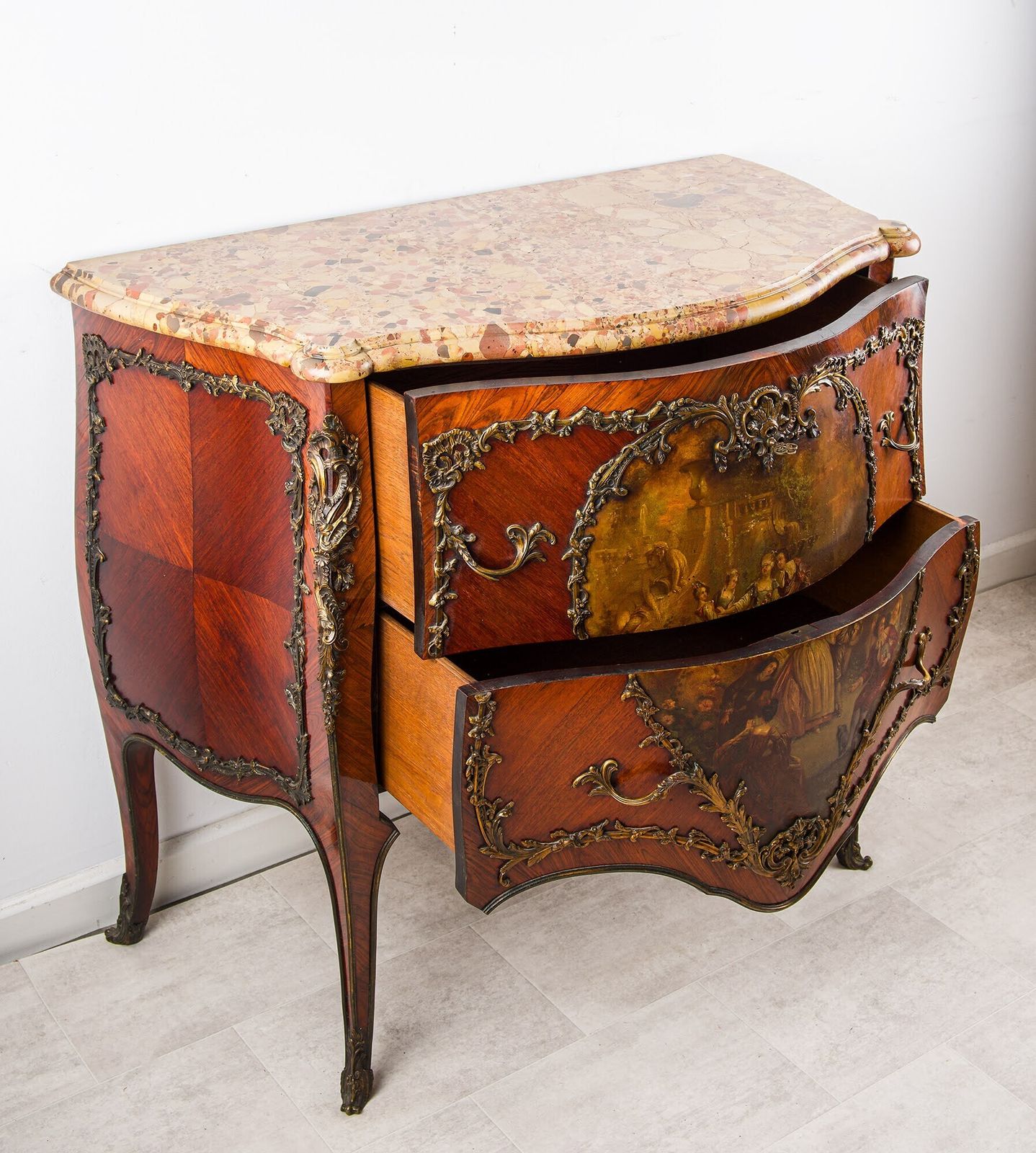 French Vernis Martin Bombe Commode With Breccia Marble & Ormolu, C.1880 photo for sale