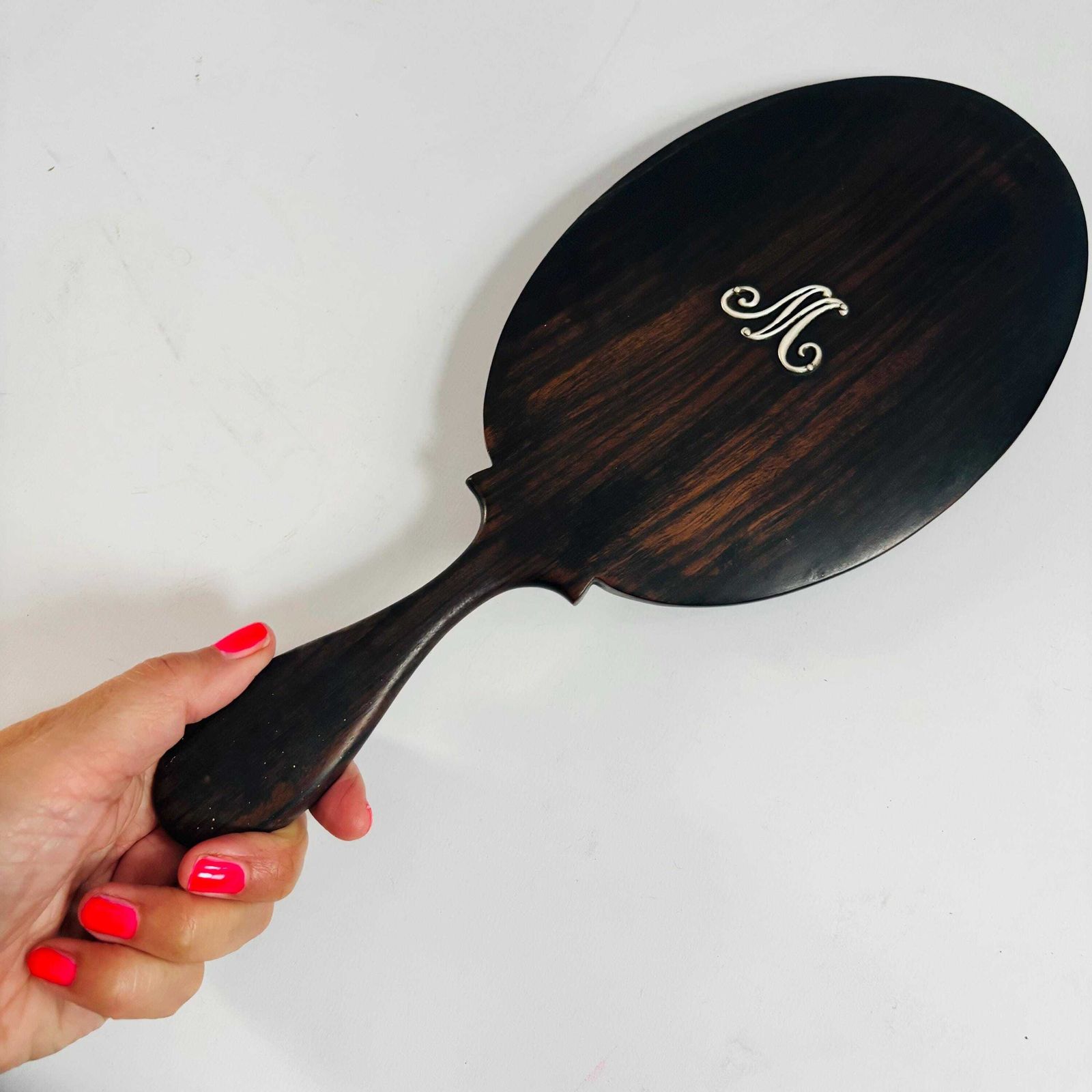 Antique Ebonised Beech Wood Hand Mirror: 1890s 'M' Silver Initial Victorian Bevelled Glass photo 78.0