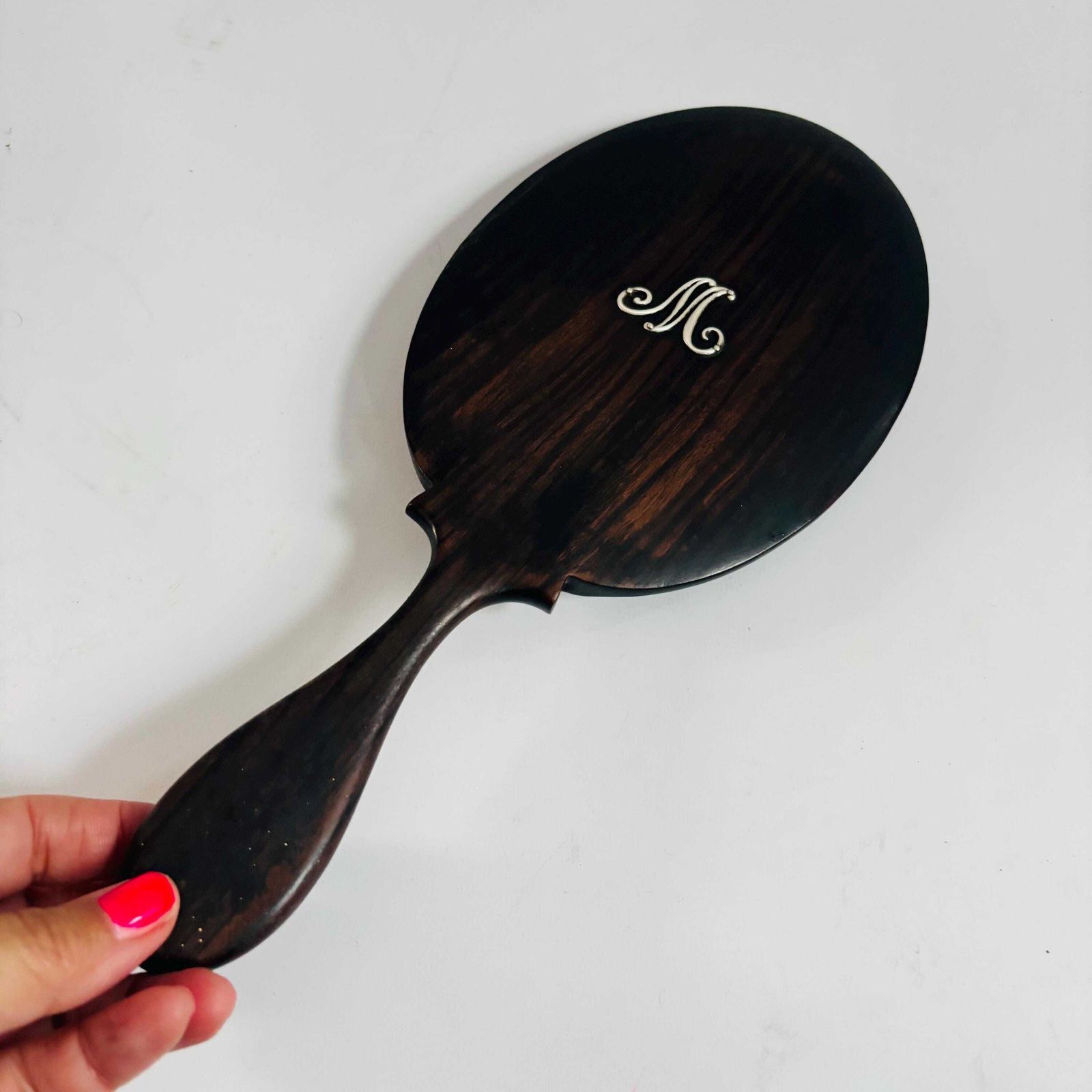 Antique Ebonised Beech Wood Hand Mirror: 1890s 'M' Silver Initial Victorian Bevelled Glass photo vinterior