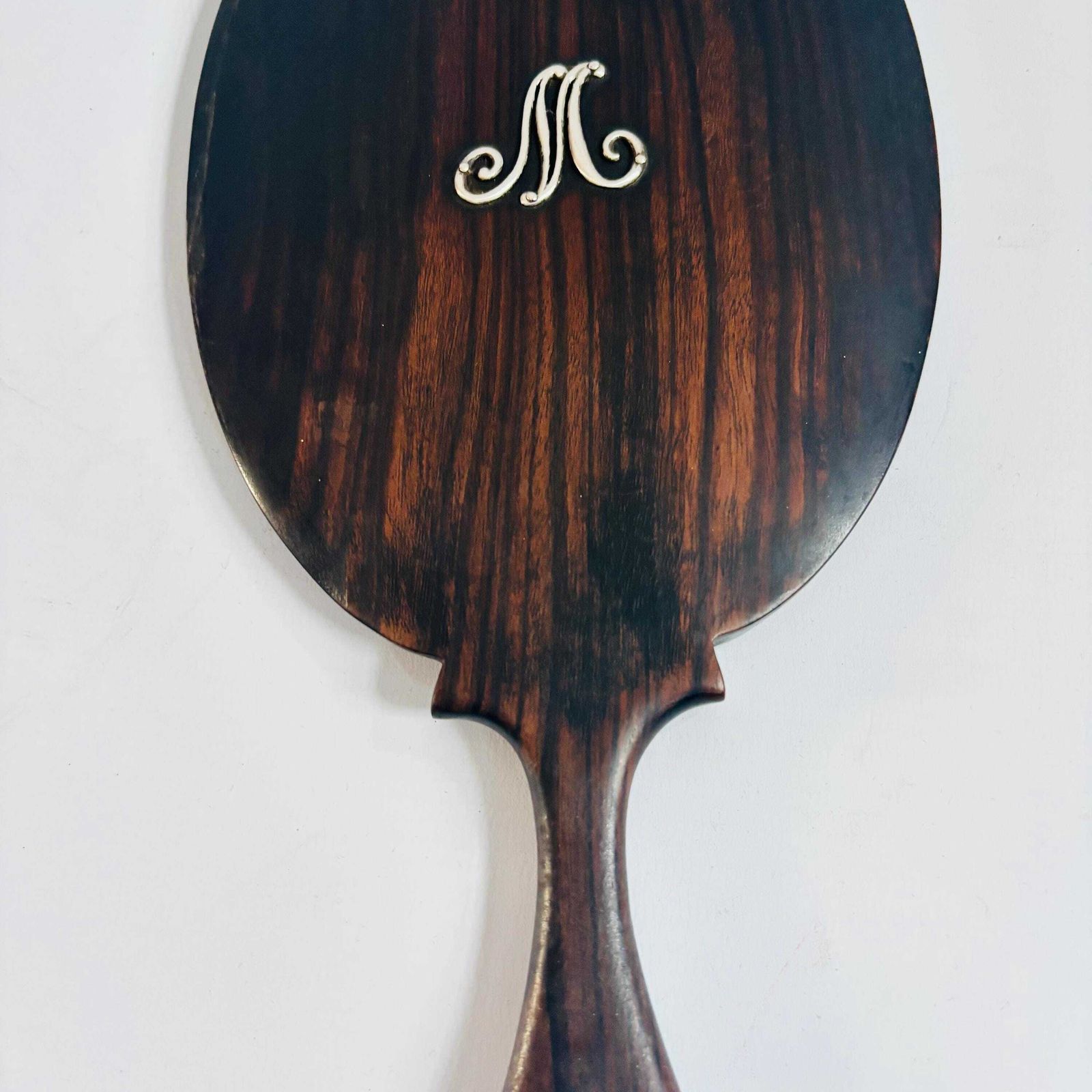 photo vintage Antique Ebonised Beech Wood Hand Mirror: 1890s 'M' Silver Initial Victorian Bevelled Glass