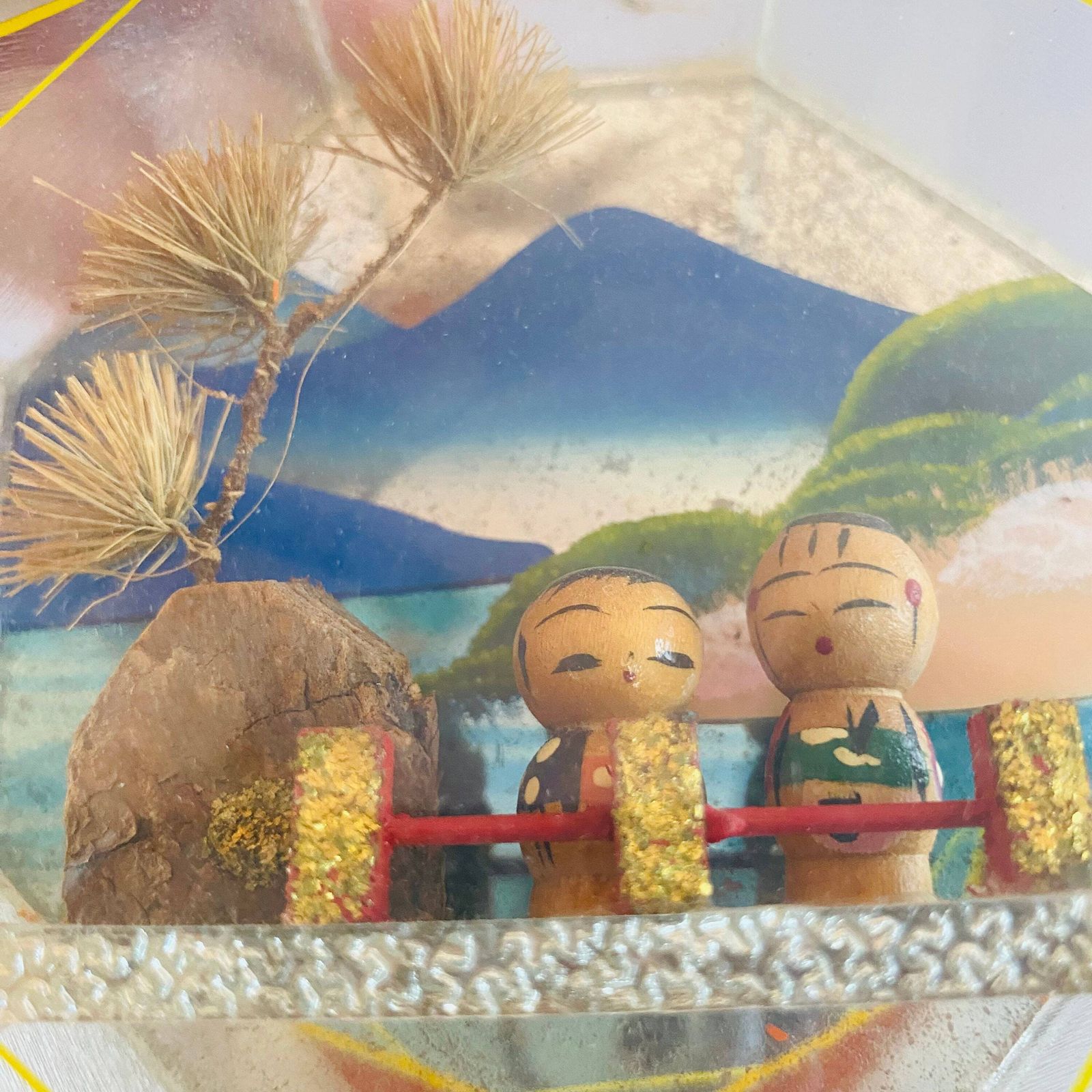 Antique Japanese Kokeshi Doll Diorama: Mirror Encased Folk Art photo vintage