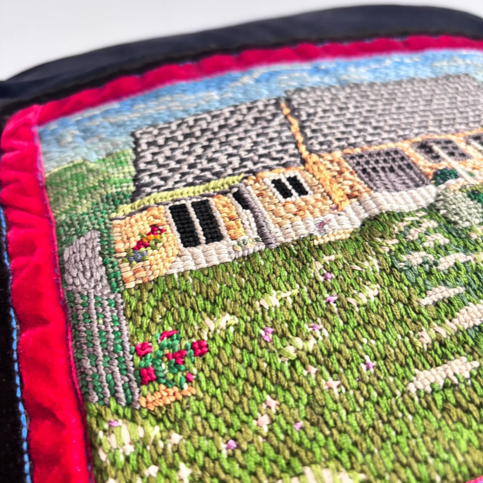 Handmade Folk Cushion Vintage Victorian 1920s Velvet And Tapestry Cottage Scene photo furniture