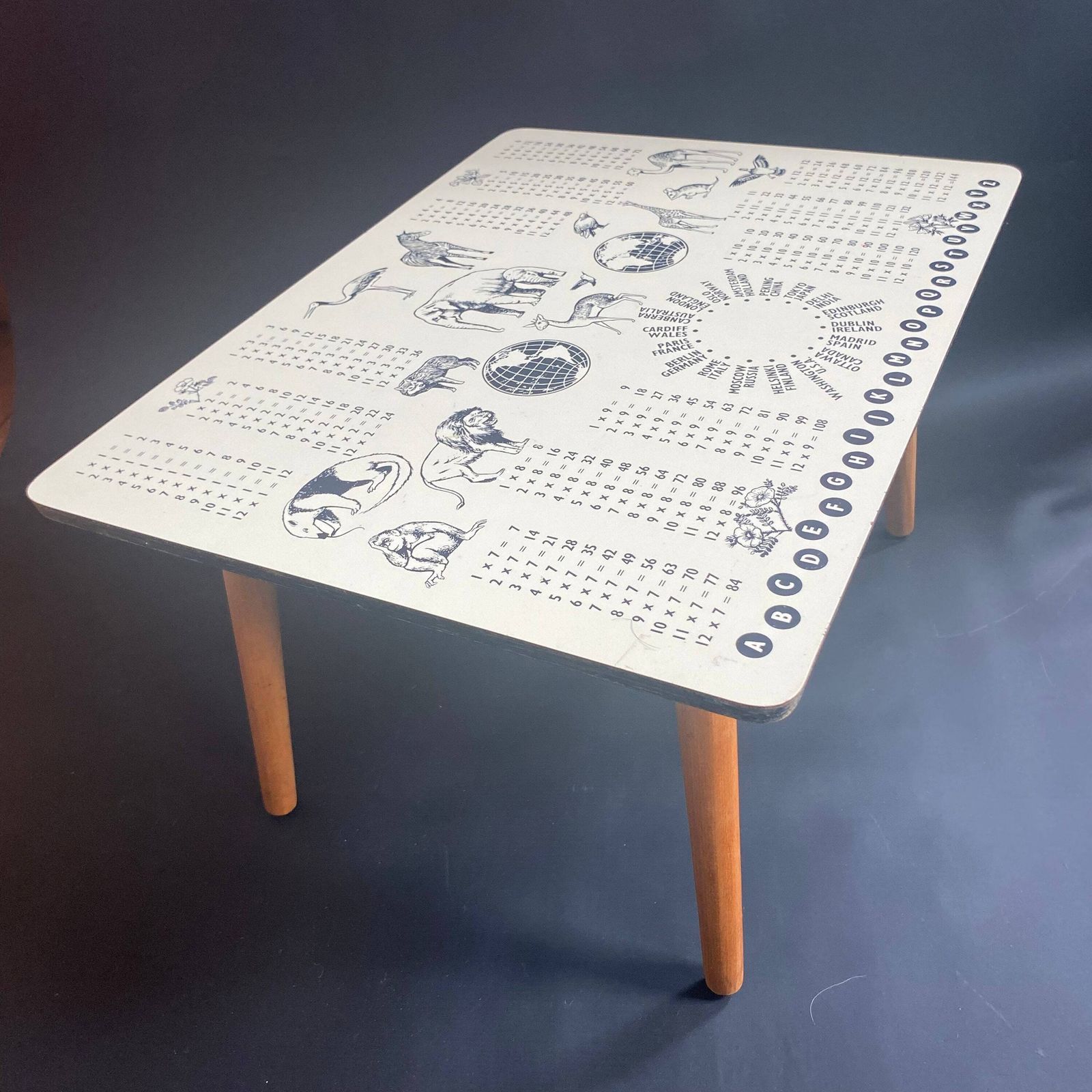 Rare 1960s Mid Century Coffee Table: Animals, Cities, Times Table Graphic