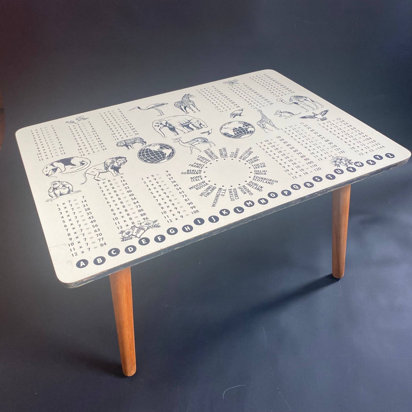 Rare 1960s Mid Century Coffee Table: Animals, Cities, Times Table Graphic photo for sale