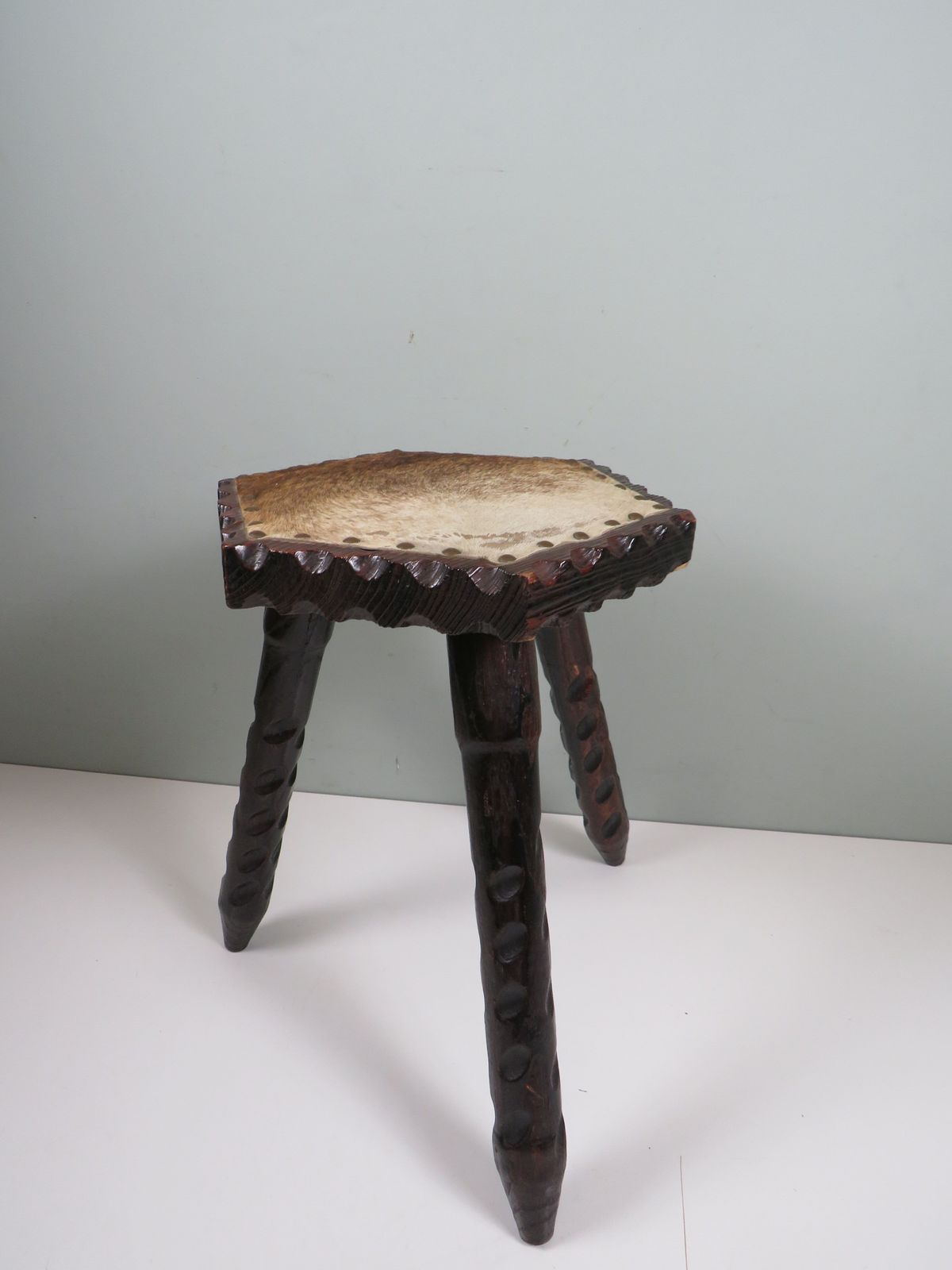 Vintage Spanish Brutalist Stool In Carved Wood And Leather Hide Upholstery, 1960s photo furniture
