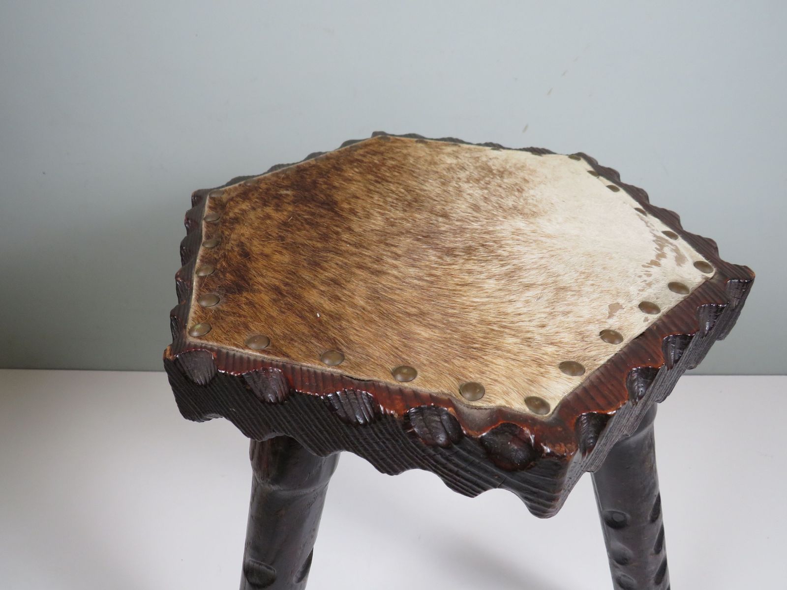 Vintage Spanish Brutalist Stool In Carved Wood And Leather Hide Upholstery, 1960s photo Furniture