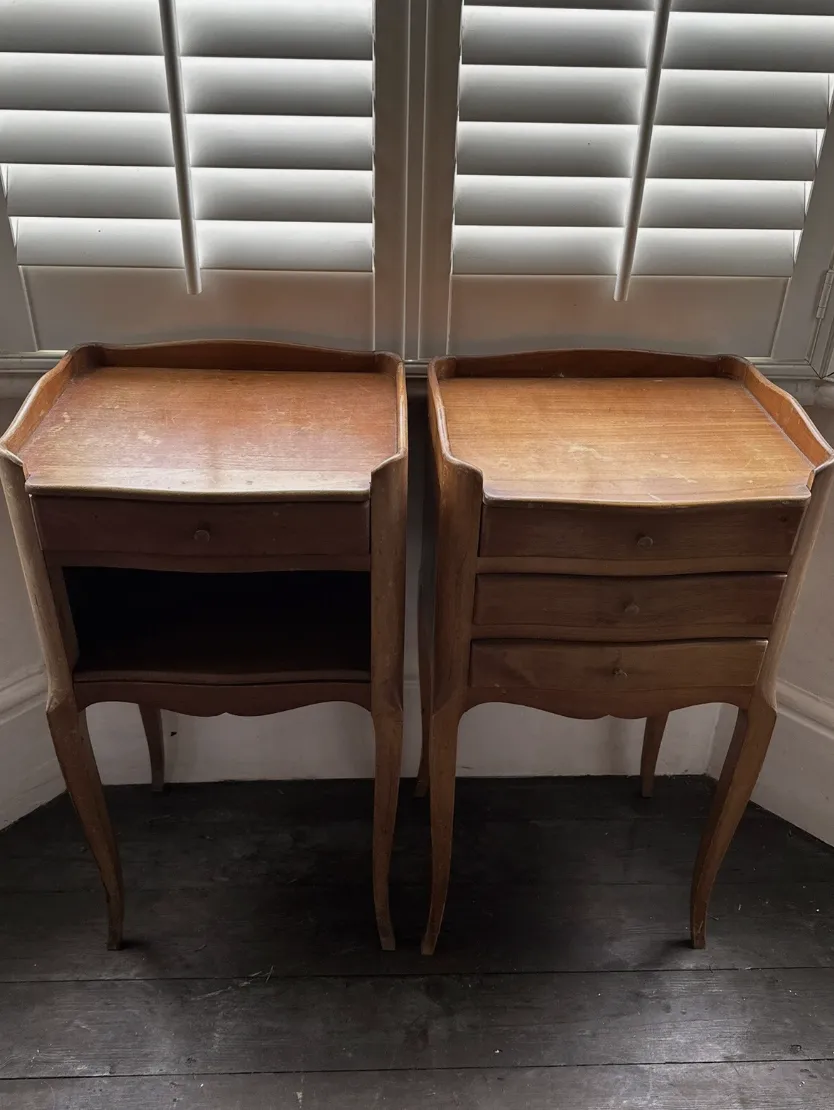 Antique Pair Fruitwood French Serpentine Bedside Tables Nightstands, C 1900 photo buy