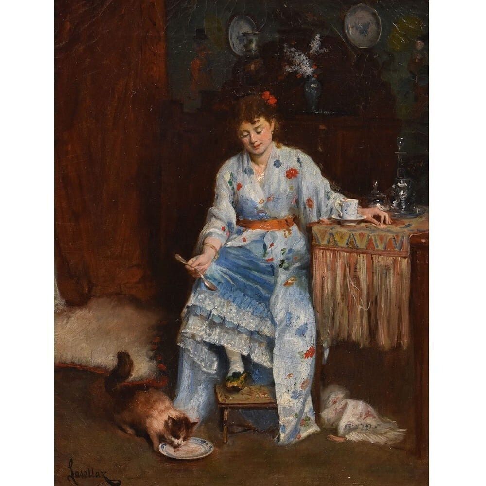 Antique Woman Portrait Painting And Cat, Interior Scene, Oil On Canvas, XIX Century. photo for sale