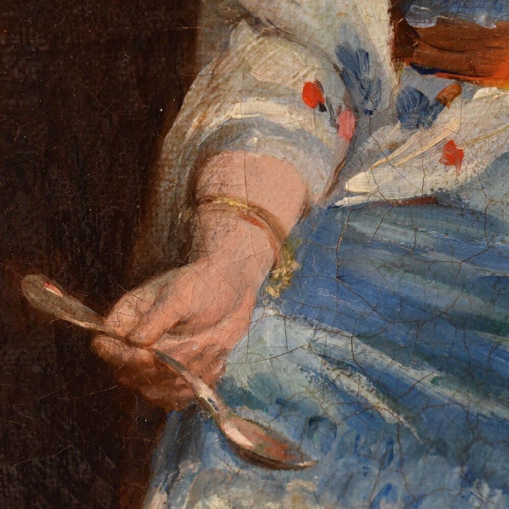 Antique Woman Portrait Painting And Cat, Interior Scene, Oil On Canvas, XIX Century. photo vintage