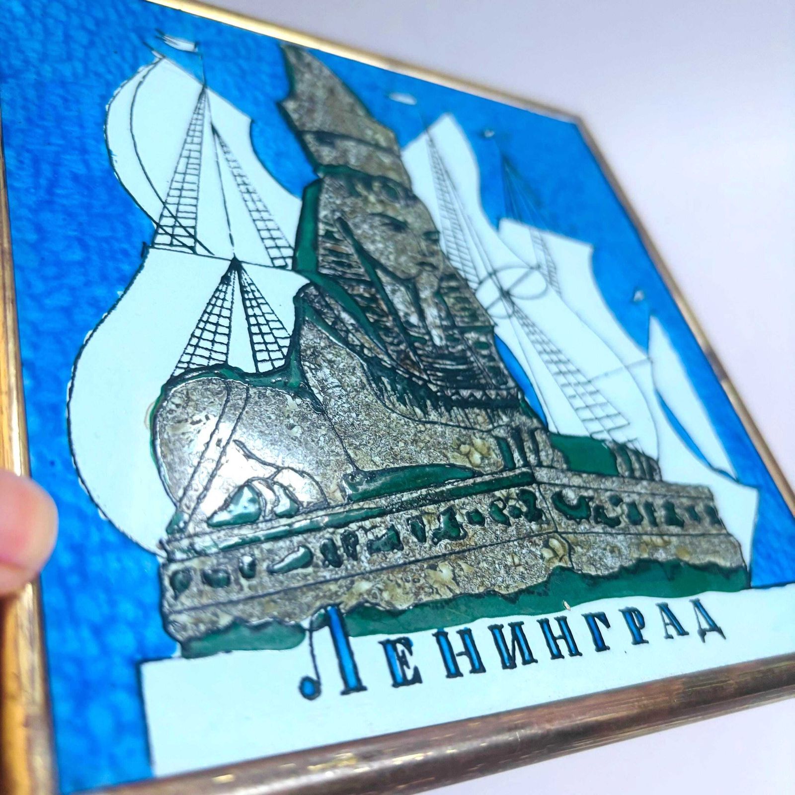 photo furniture Vintage 1977 Leningrad Enamel Tile, Egyptian Sphinx Brass Art.