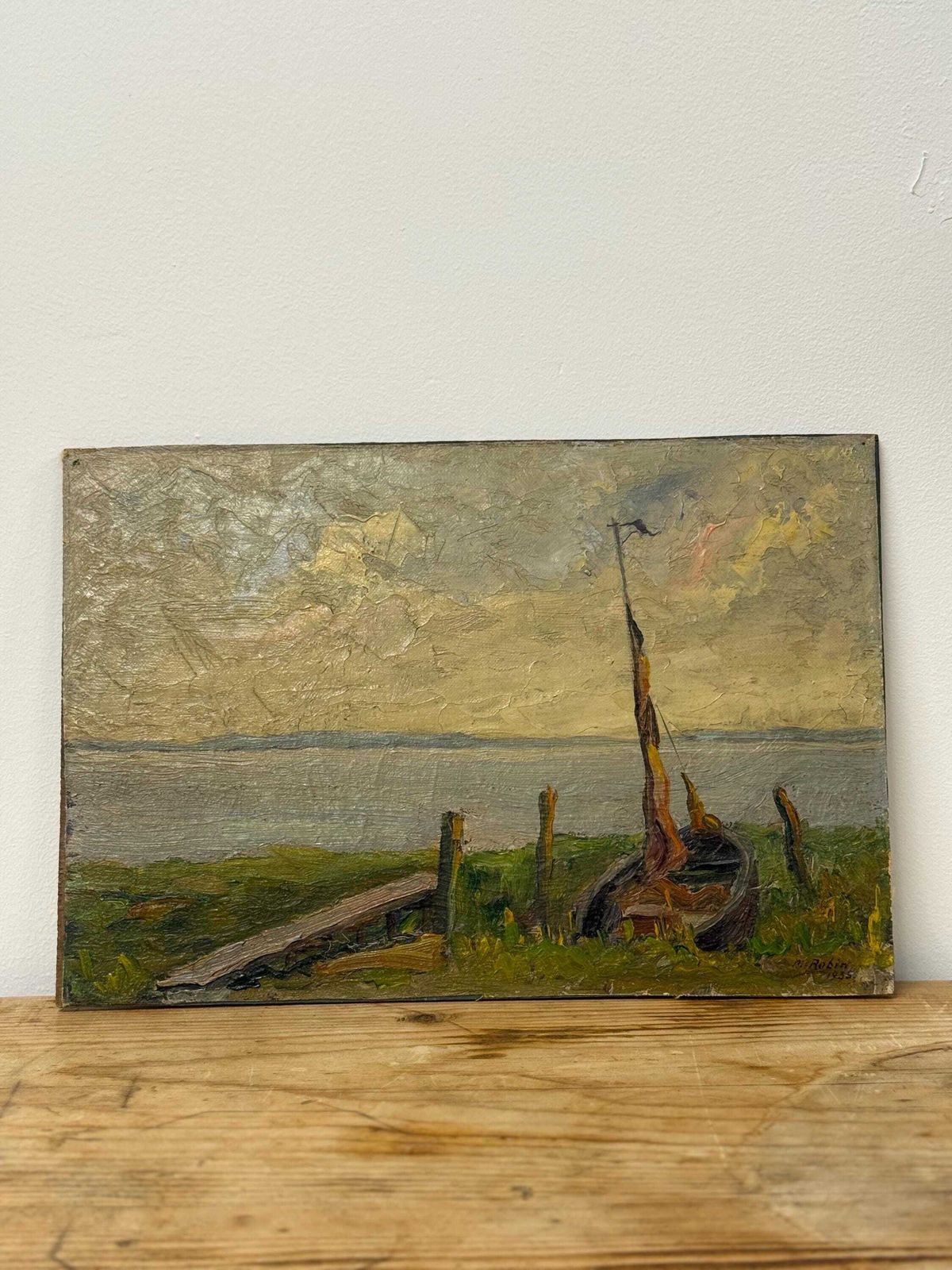Vintage Boat On Doel Harbour Oil Painting, 1935