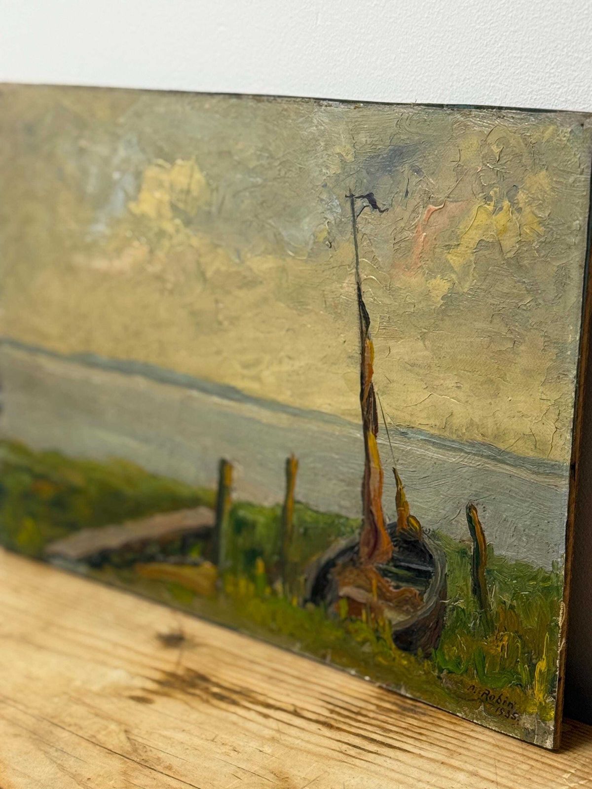 Vintage Boat On Doel Harbour Oil Painting, 1935 photo for sale