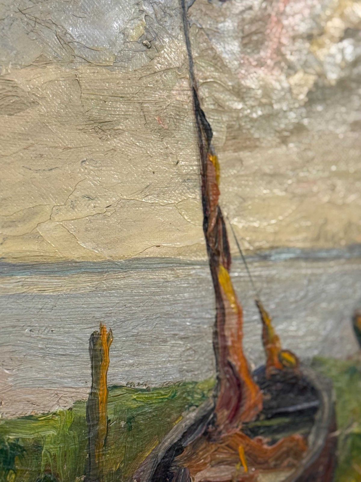 Vintage Boat On Doel Harbour Oil Painting, 1935 photo Art