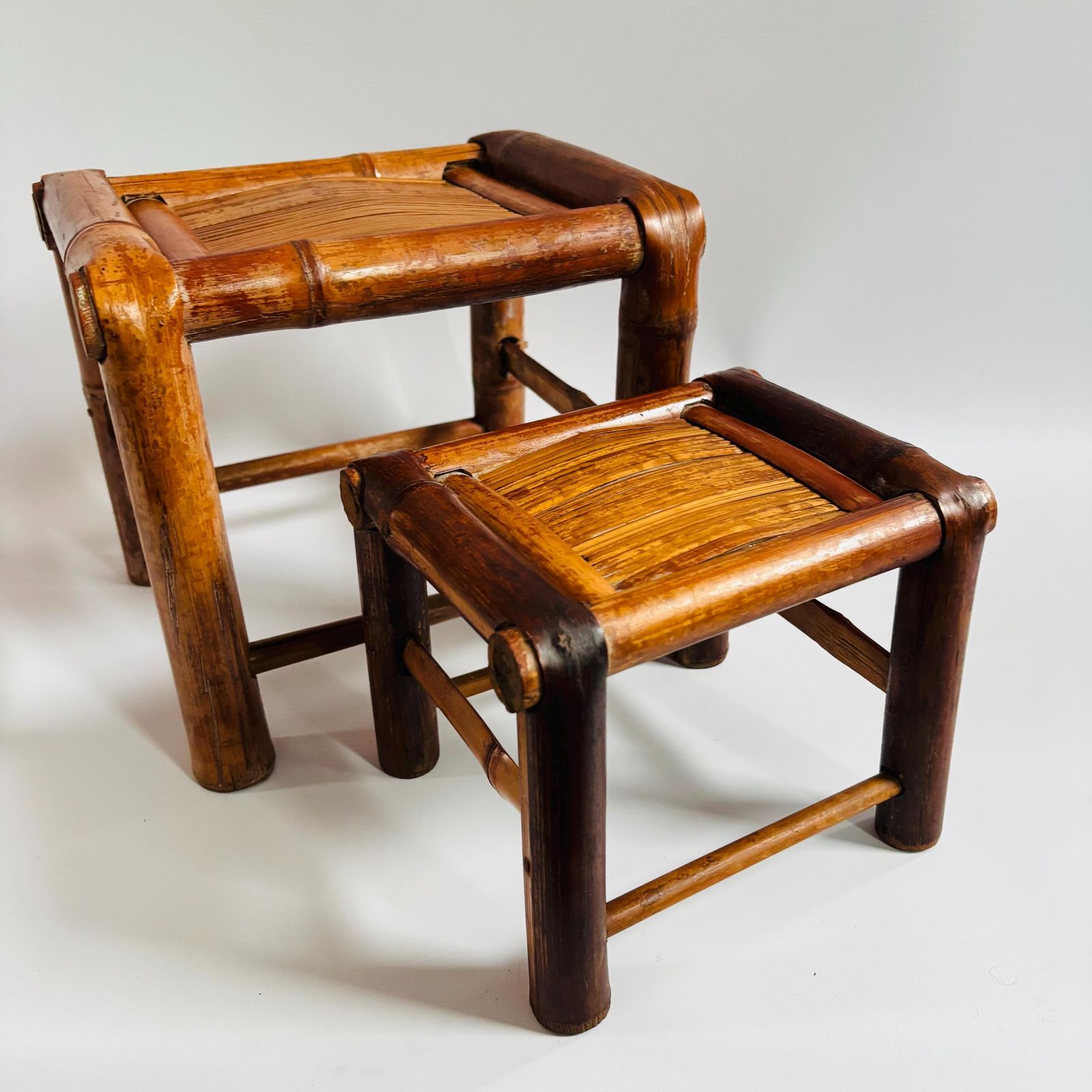 Mid Century Bamboo Plant Stands   Set Of Two, Rattan Display Small Tables