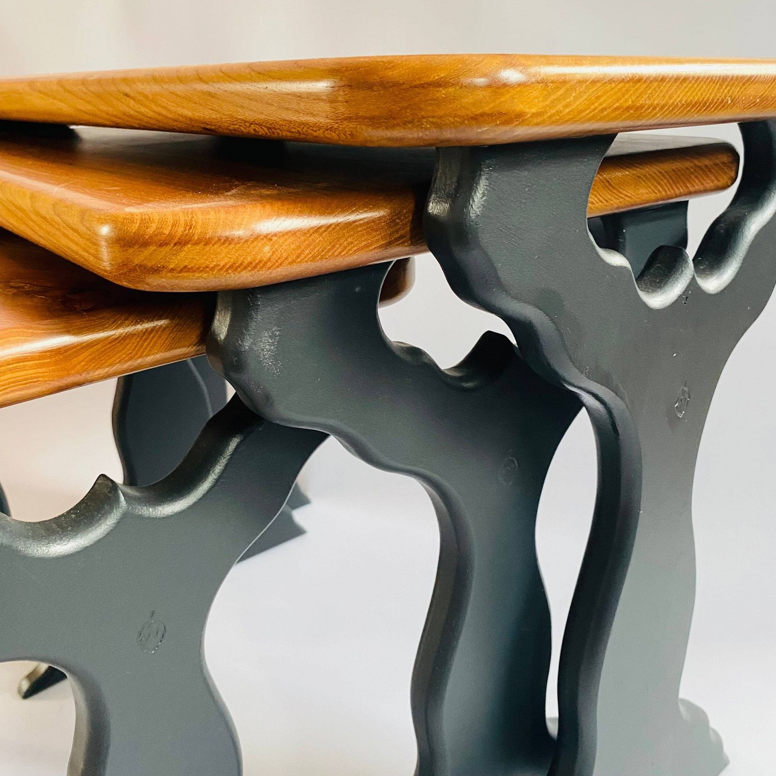 Upcycled Elm Nesting Tables: Mid Century Modern 'Acorn' Stamped Set photo Furniture