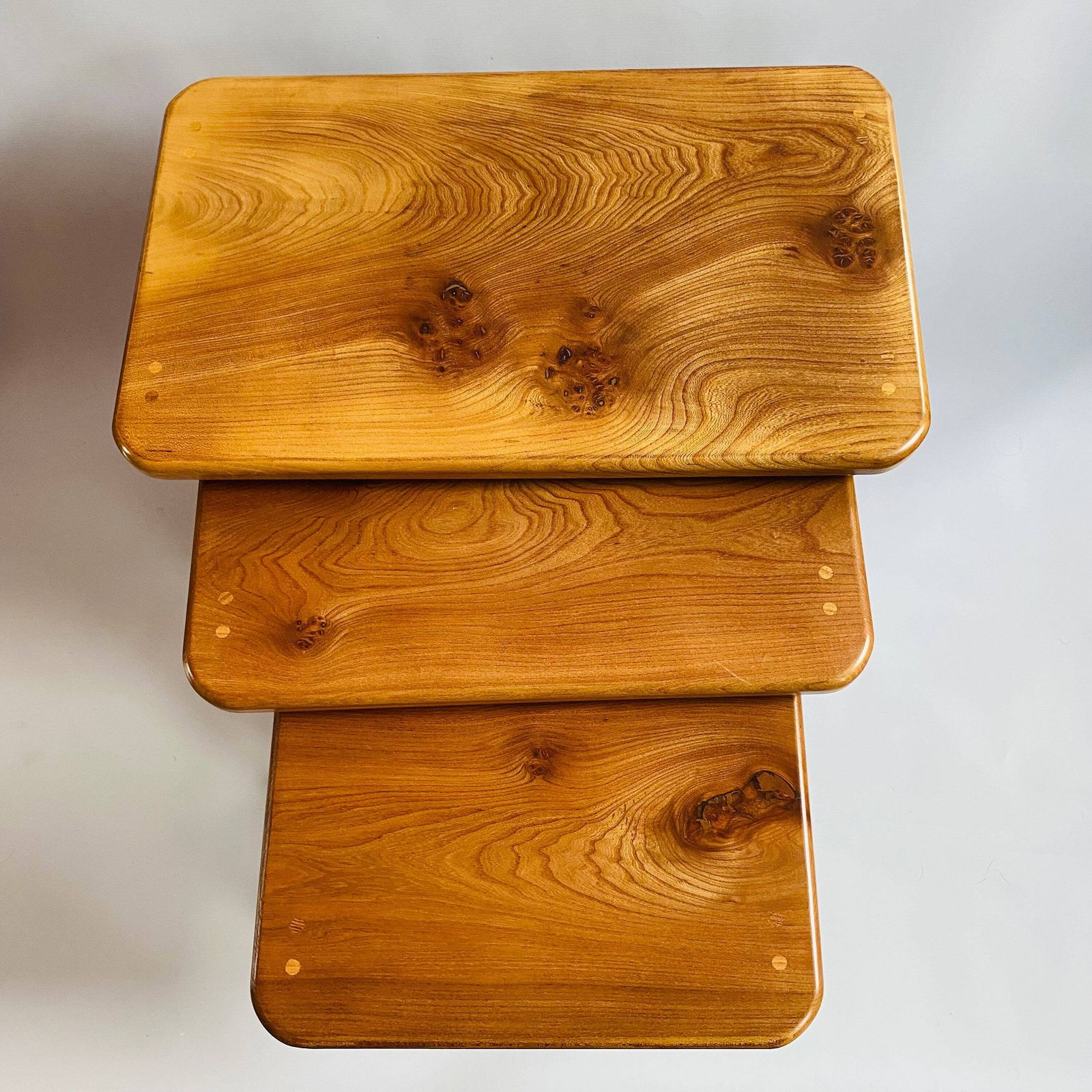 Upcycled Elm Nesting Tables: Mid Century Modern 'Acorn' Stamped Set photo 385.0