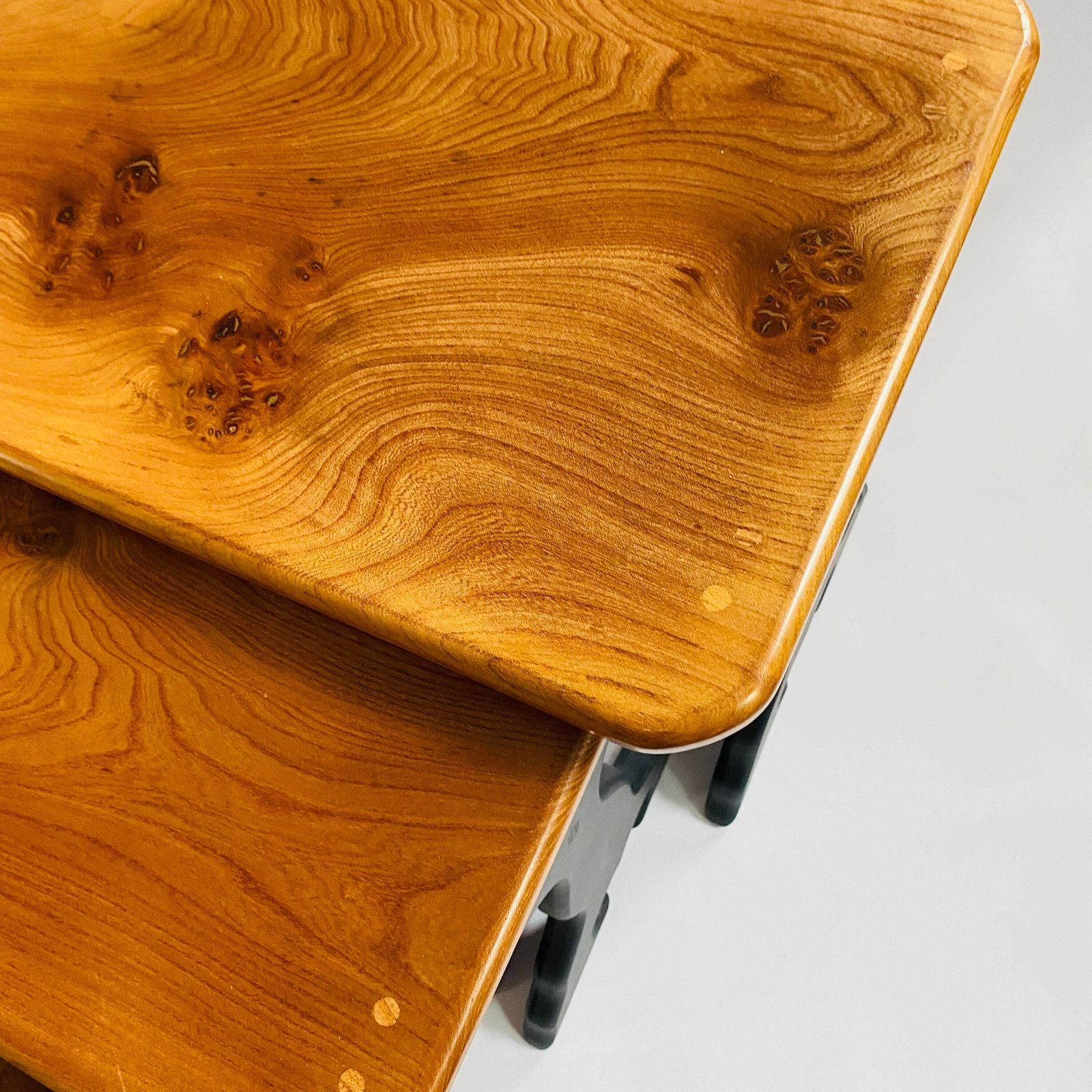 Upcycled Elm Nesting Tables: Mid Century Modern 'Acorn' Stamped Set photo vintage