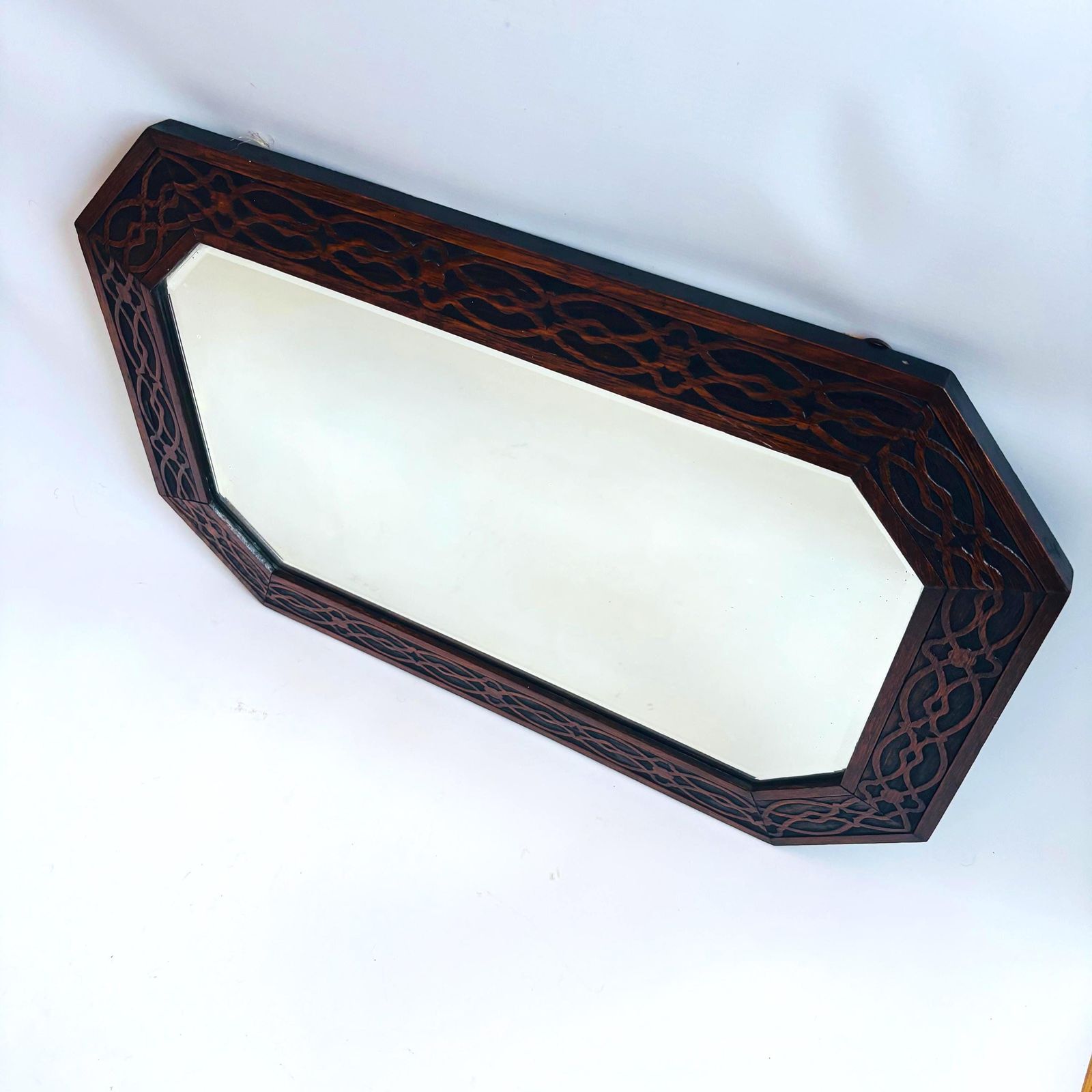Rare Art Nouveau Mahogany Bevelled Mirror: Hand Carved Liberty Style photo vintage