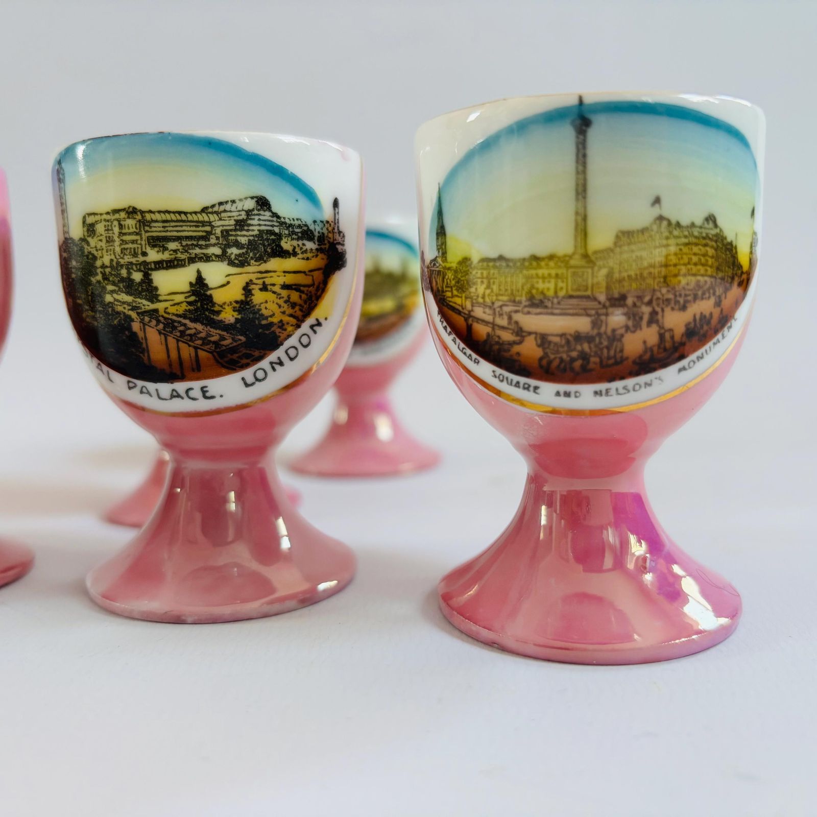 Antique Pink Lustre Porcelain Egg Cups: Victorian London Landmarks, Set Of 5 photo buy