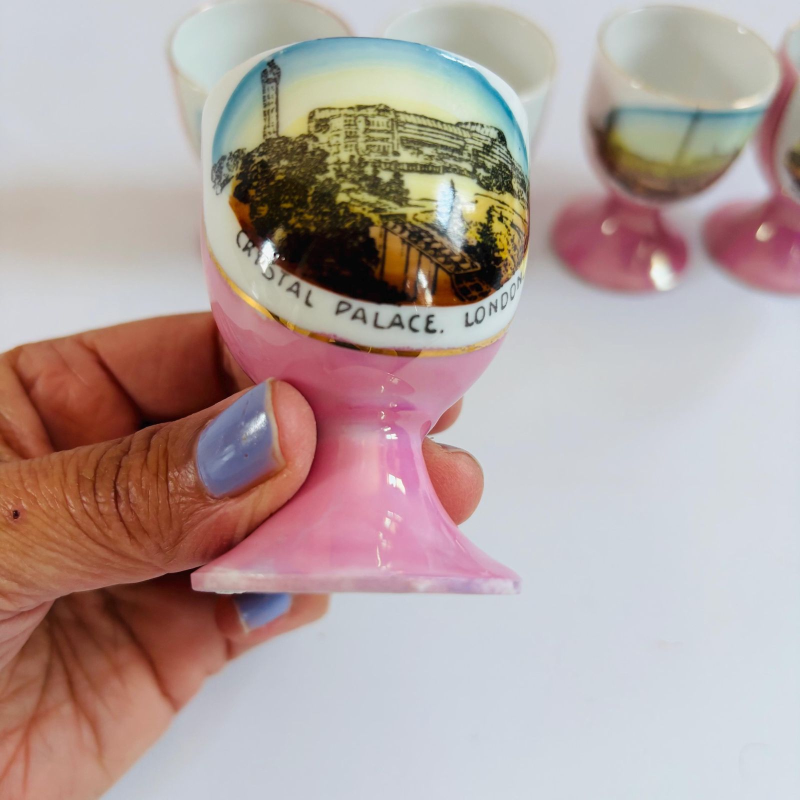 Antique Pink Lustre Porcelain Egg Cups: Victorian London Landmarks, Set Of 5 photo vintage