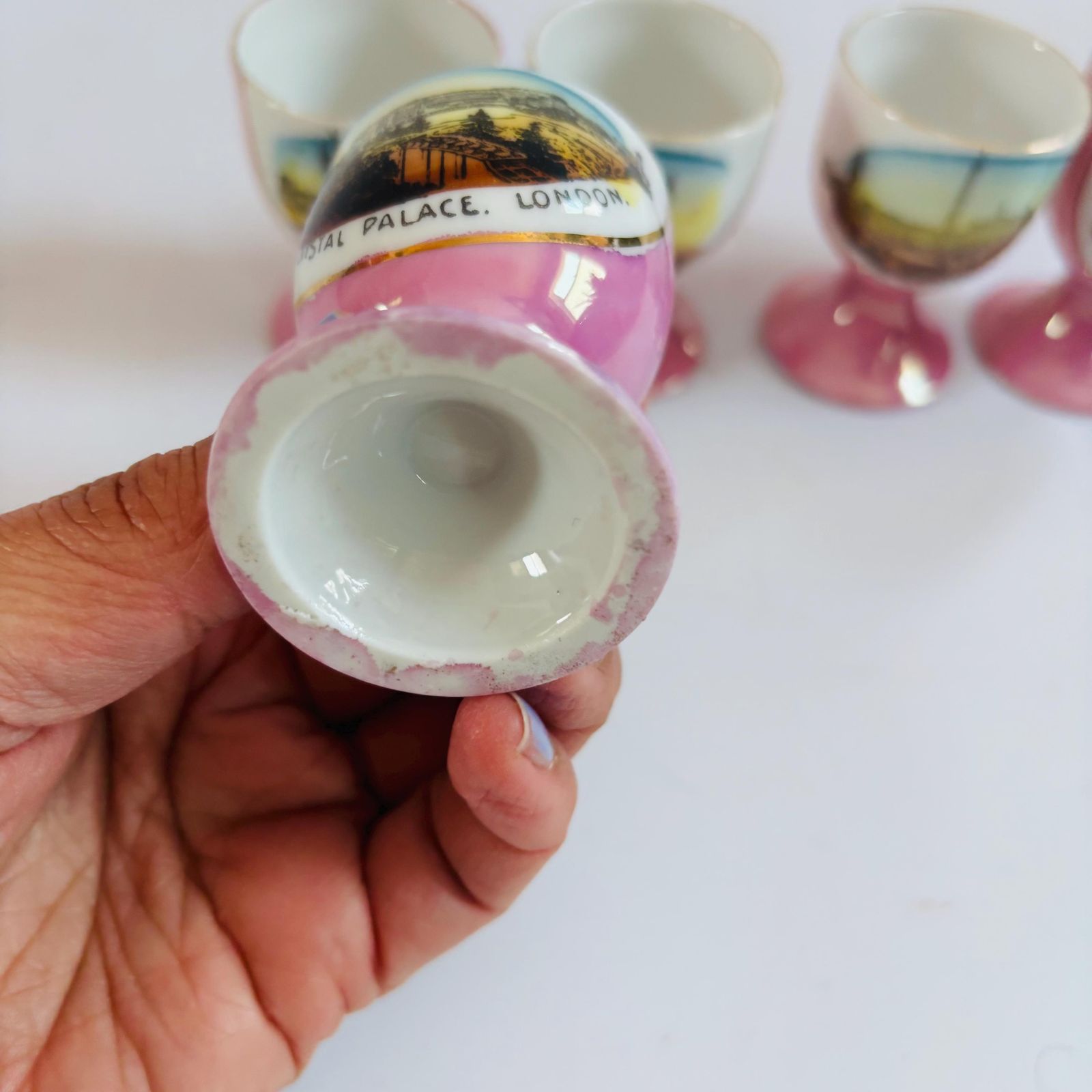 photo for sale Antique Pink Lustre Porcelain Egg Cups: Victorian London Landmarks, Set Of 5
