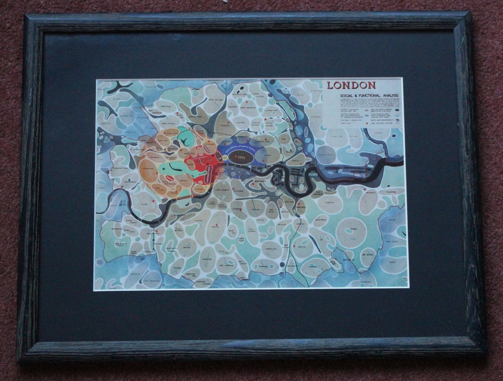 'Bubble Map' ~ Framed 1943 Map Of  London Showing Social And Functional Analysis.