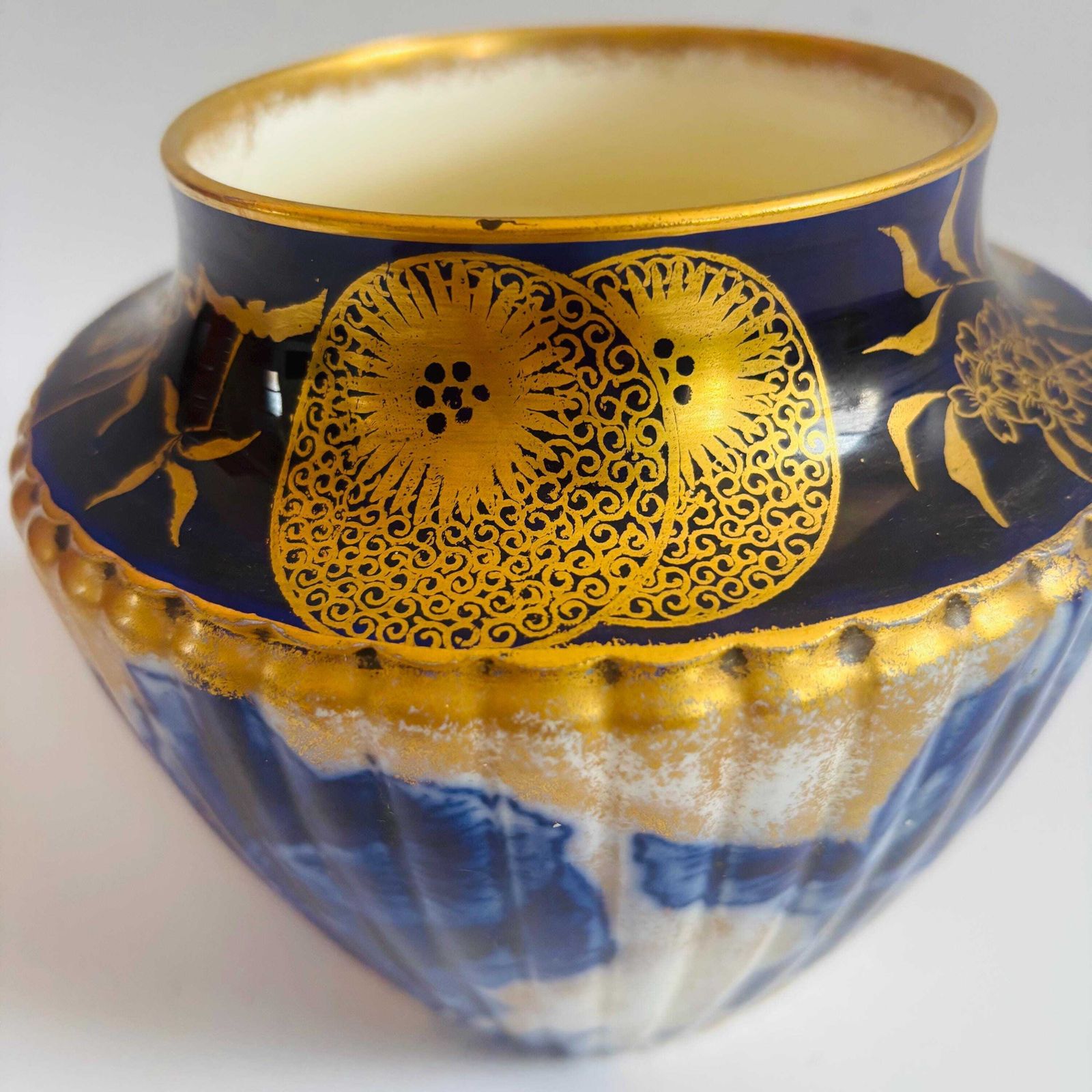Victorian Doulton Flow Blue & Gold Urn: 1900s Burslem England Pomegranate Decor. photo furniture