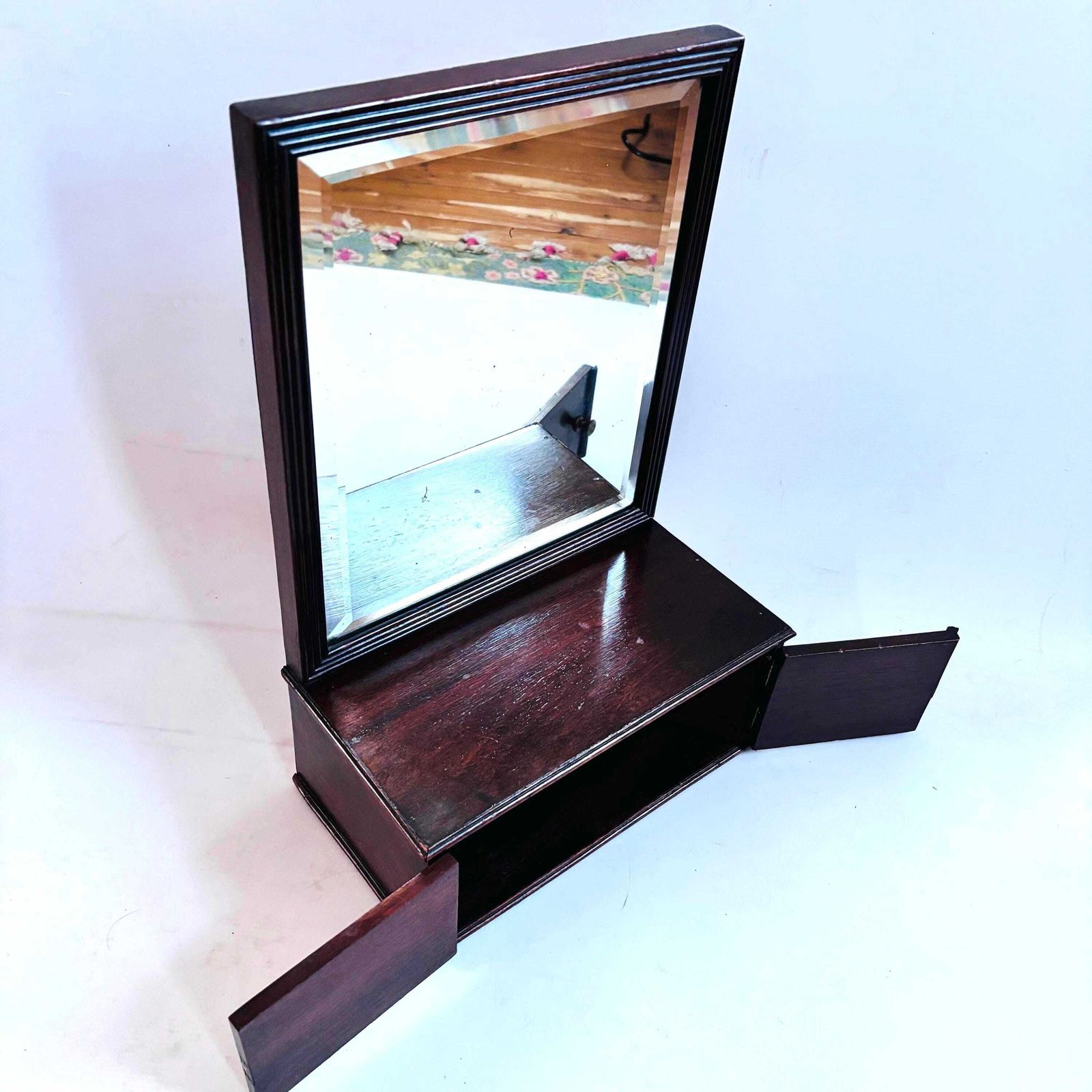 189.0 Antique Georgian Revival 1880 1910 Mahogany Bevelled Dressing Table Mirror With Cupboard   Door Ajar photo