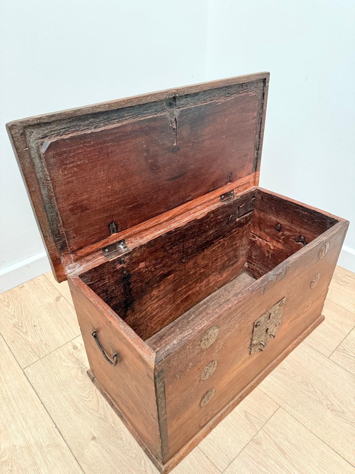 Teak Iron Mounted Coffer Blanket Trunk 19th Century Delivery Available 0046. photo Furniture