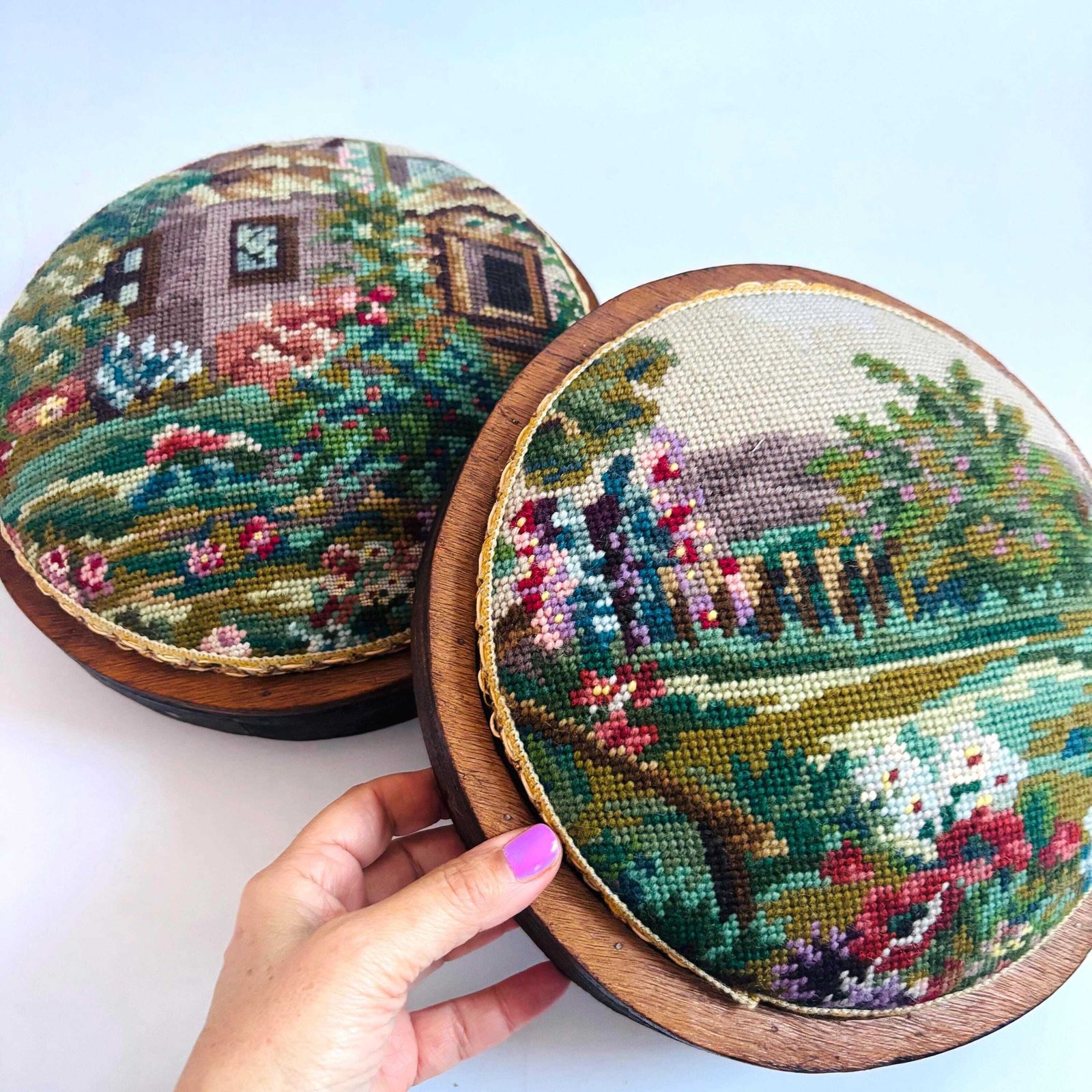 Pair Of Tapestry Needlepoint Victorian Foot Stools /Meditation Antique
