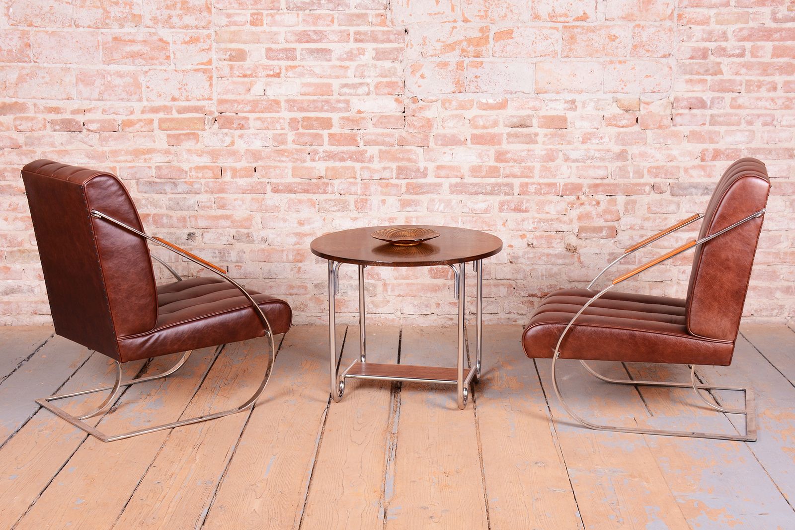 photo buy Pair Of Restored Bauhaus Armchairs, Leather, Nickel, Steel, Oak, Czech, 1920s