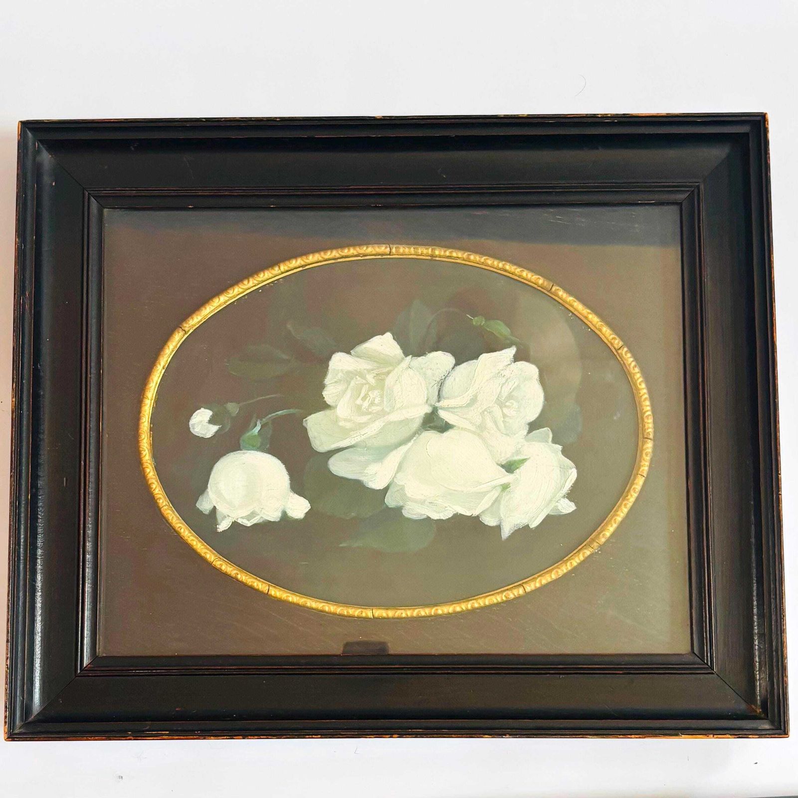 Antique Victorian Oil Painting: White Rose Bouquet, Oval Gold Frame Glasgow Scotland 1800s.