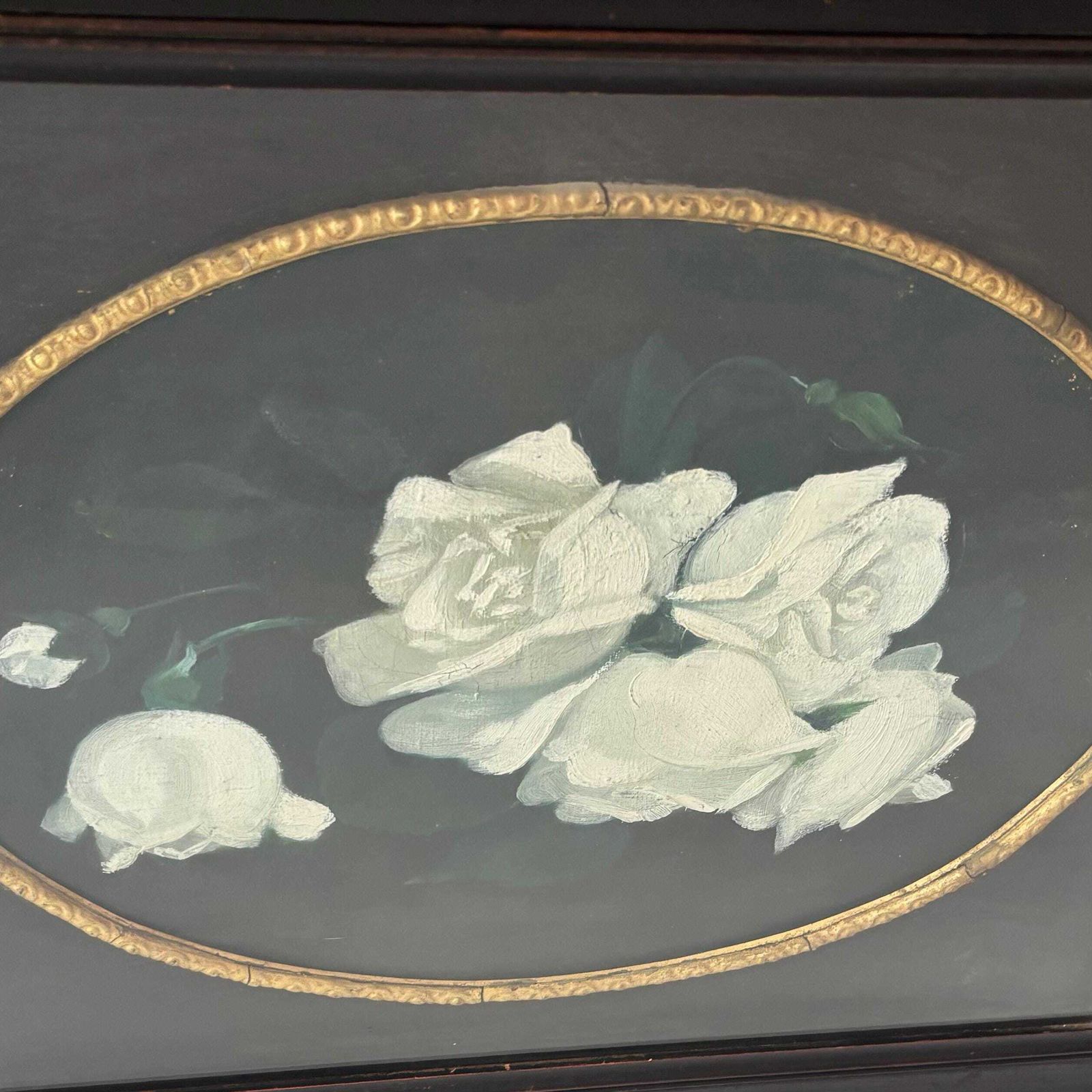 Antique Victorian Oil Painting: White Rose Bouquet, Oval Gold Frame Glasgow Scotland 1800s. photo vintage
