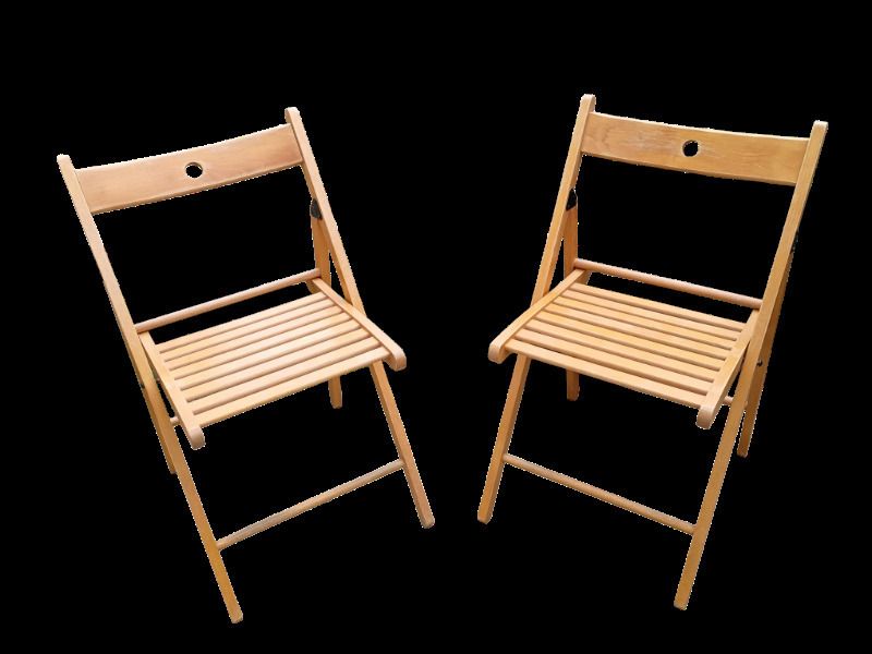 Pair Of Vintage Wooden Folding Chairs – Solid Wood, Slatted Seat, Mid Century Style