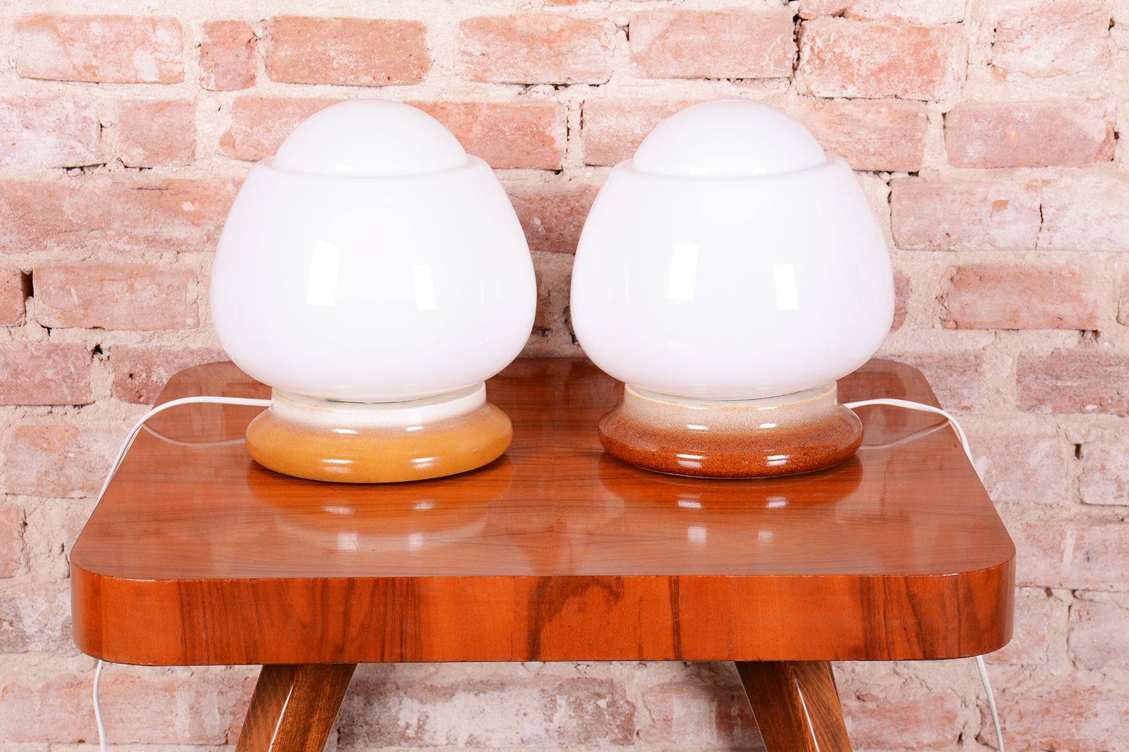 Lighting Pair Of Restored Mid Century Table Lamps, Ceramics, Opal Glass, Czech, 1950s photo