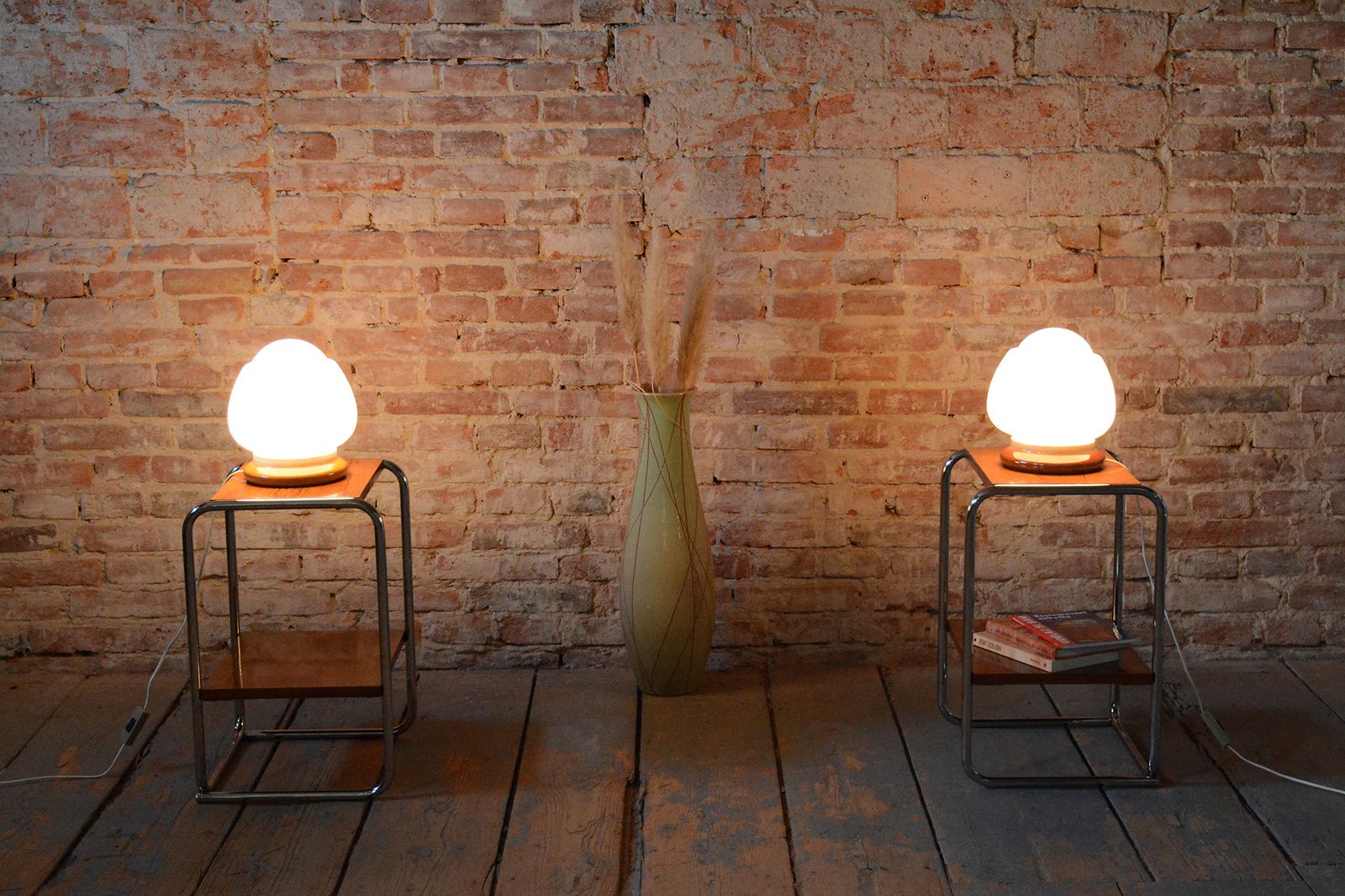 450.0 Pair Of Restored Mid Century Table Lamps, Ceramics, Opal Glass, Czech, 1950s photo