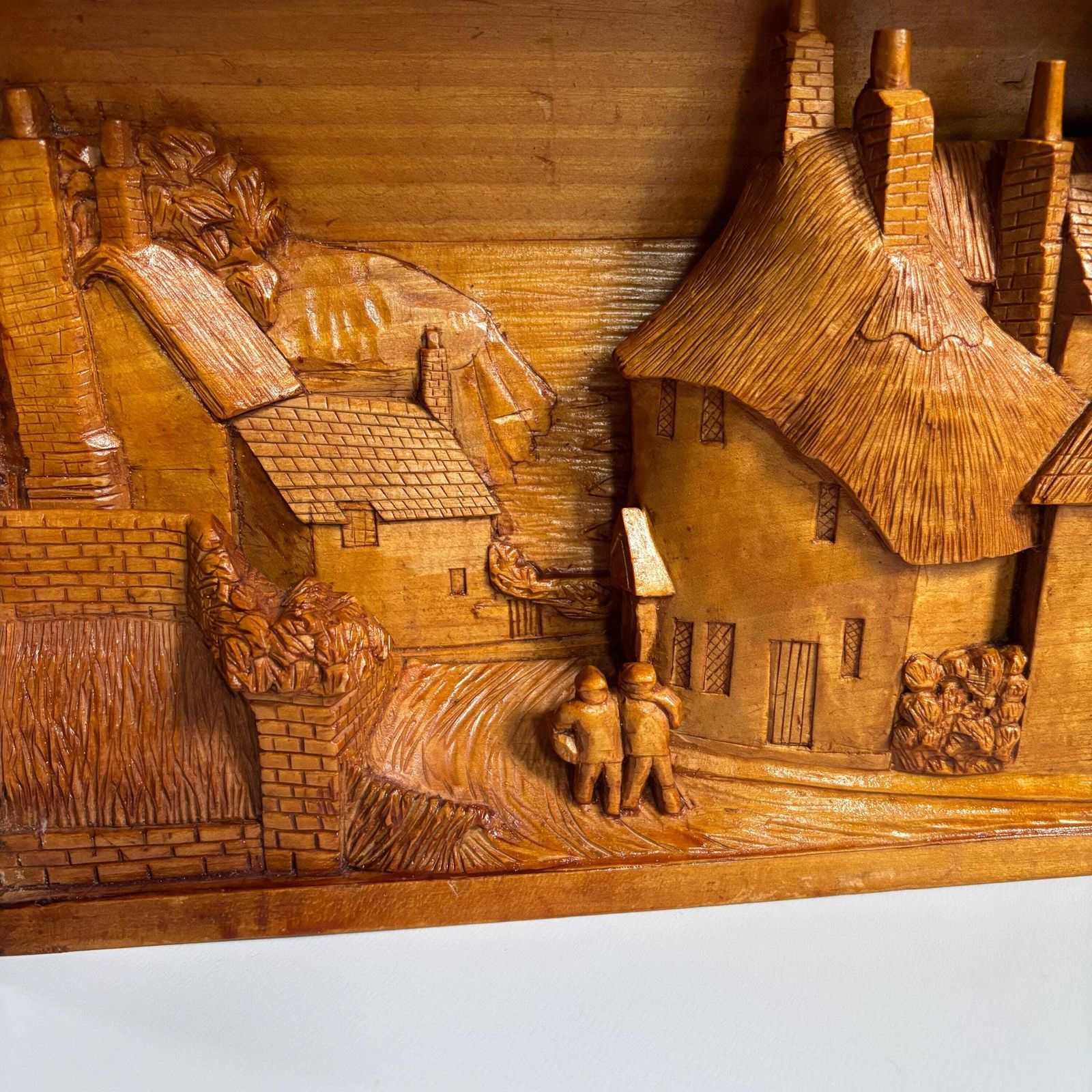 Antique Hand Carved Cherry Wood Village Relief: Medieval Folk Art photo Art
