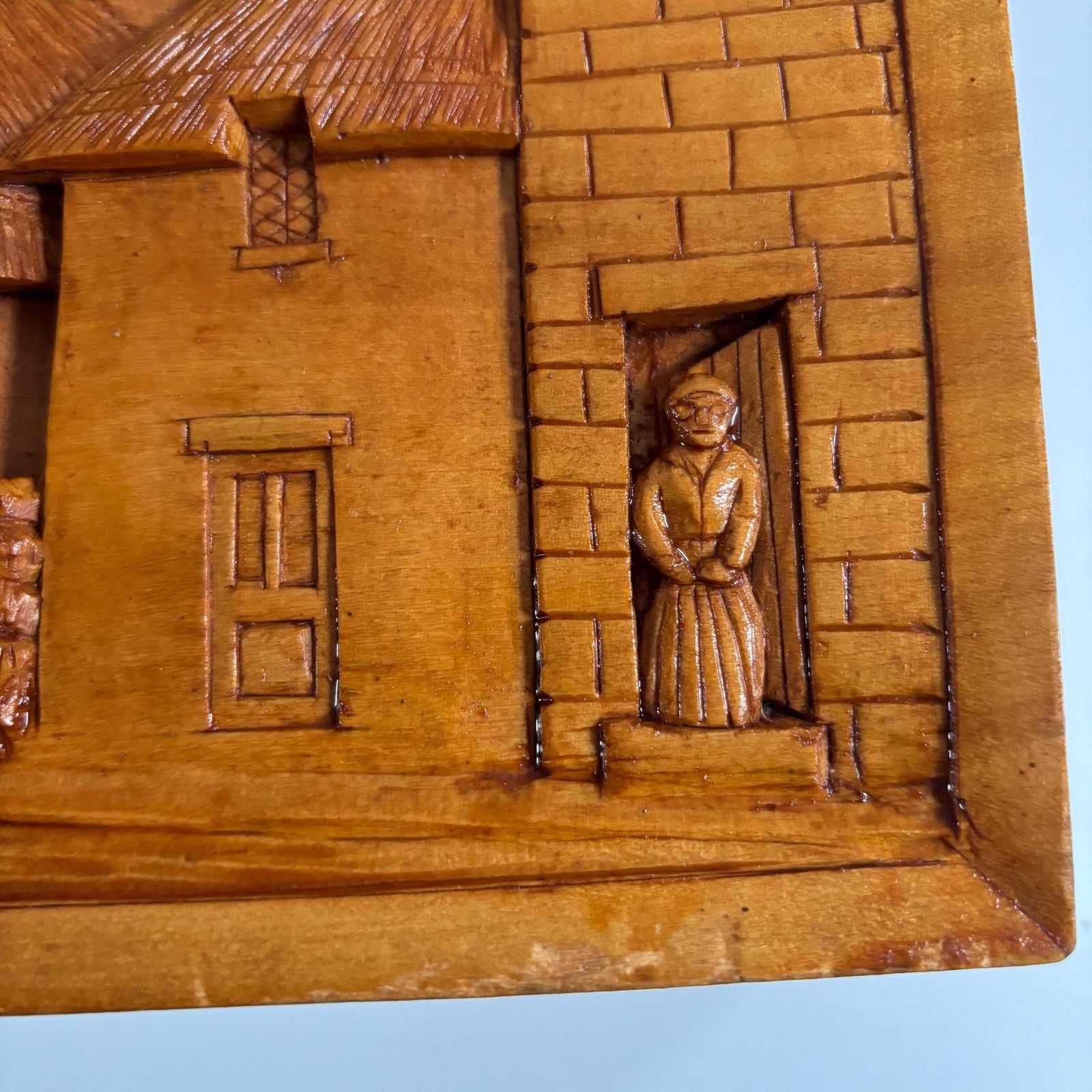 Antique Hand Carved Cherry Wood Village Relief: Medieval Folk Art photo buy