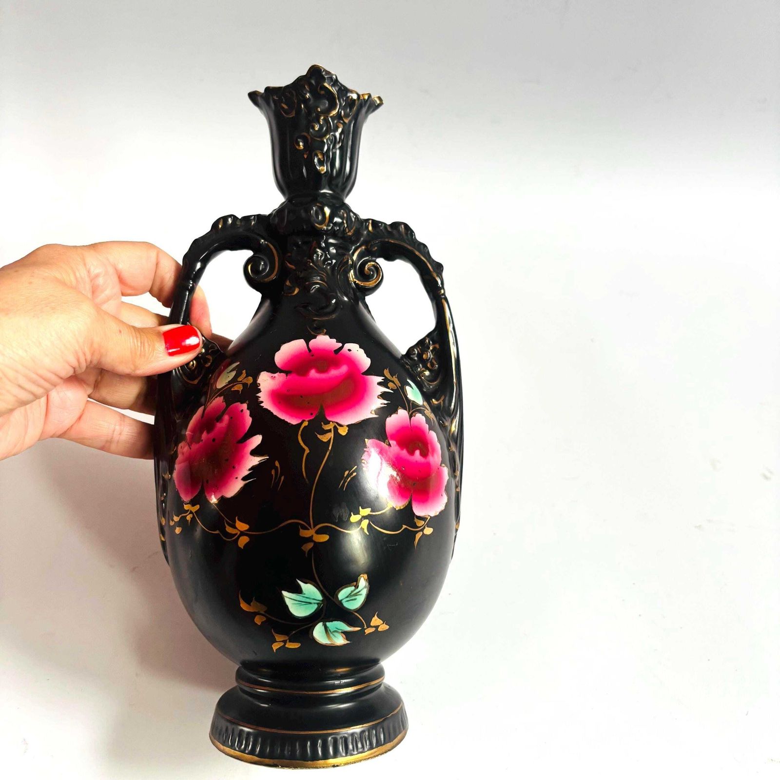 Antique Victorian Ceramic Vase: Floral Paintings, Gold Gilt, Made In England. photo furniture