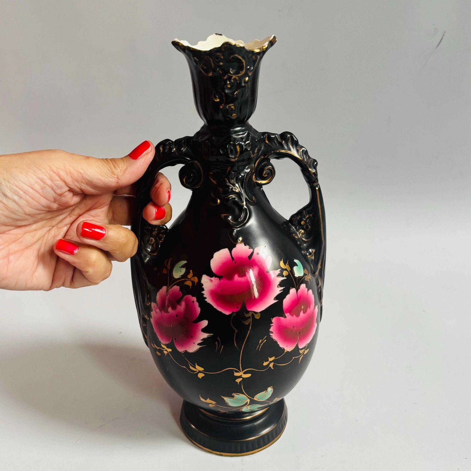 photo for sale Antique Victorian Ceramic Vase: Floral Paintings, Gold Gilt, Made In England.