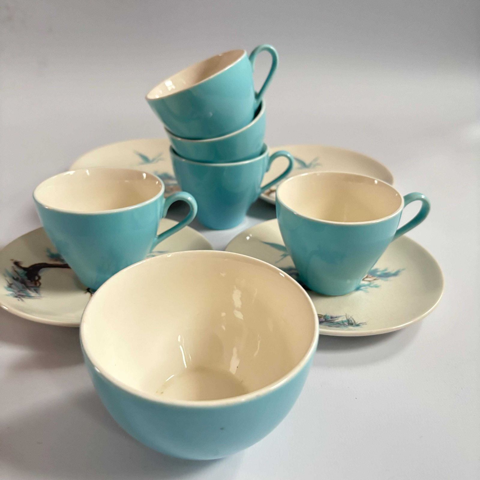 Vintage J&G Meakin Tea Cup Set: Crane And Blossom Design, Blue Heritage Pottery. photo for sale
