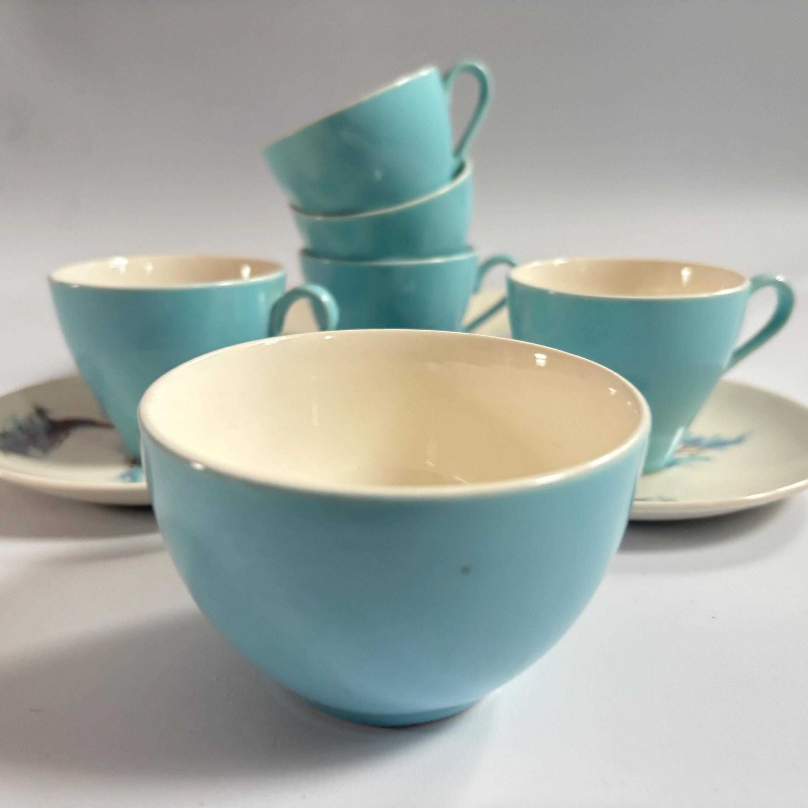 Vintage J&G Meakin Tea Cup Set: Crane And Blossom Design, Blue Heritage Pottery. photo vintage