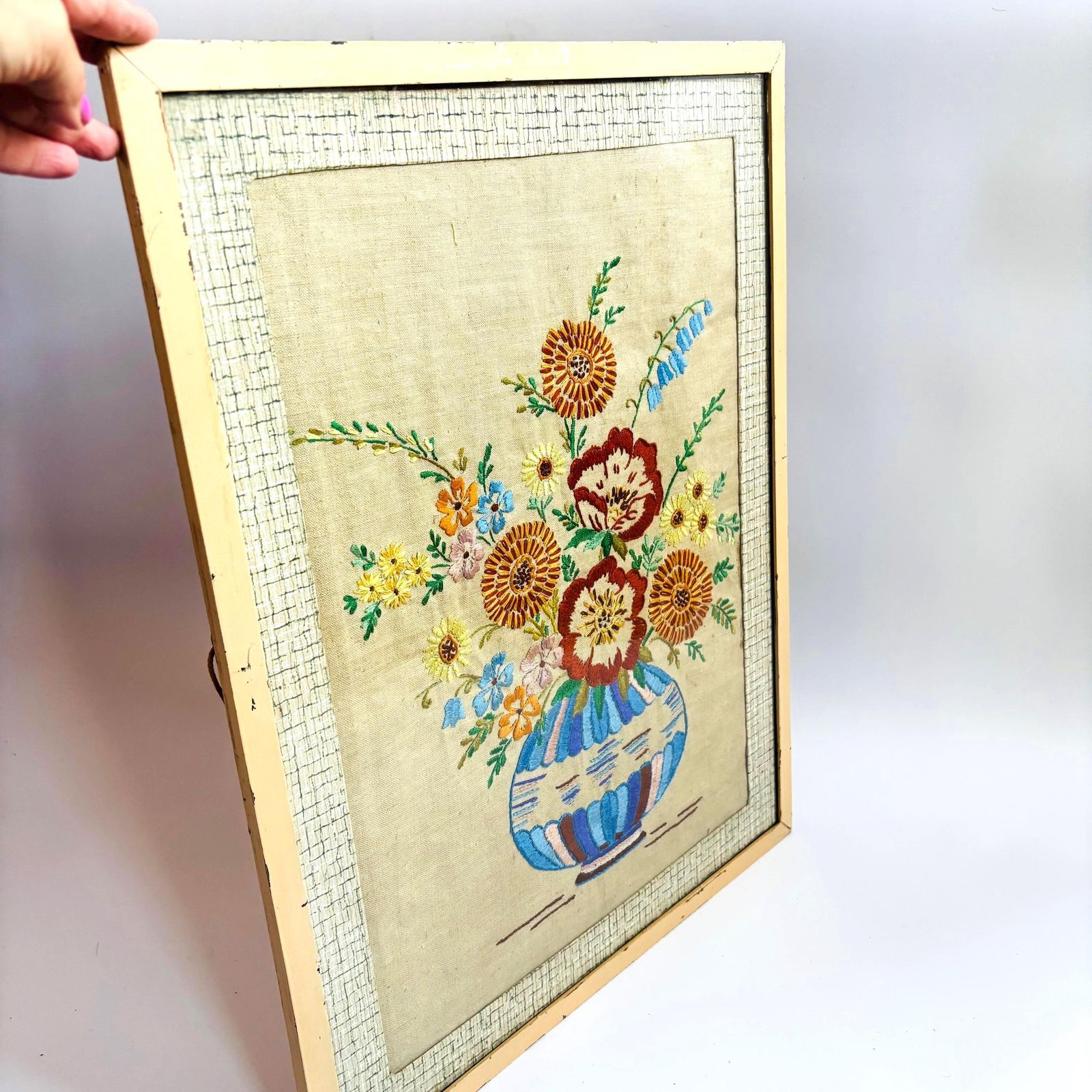 1950s Floral Hand Embroidery: Mid Century Linen Art In Metal Frame. photo vintage