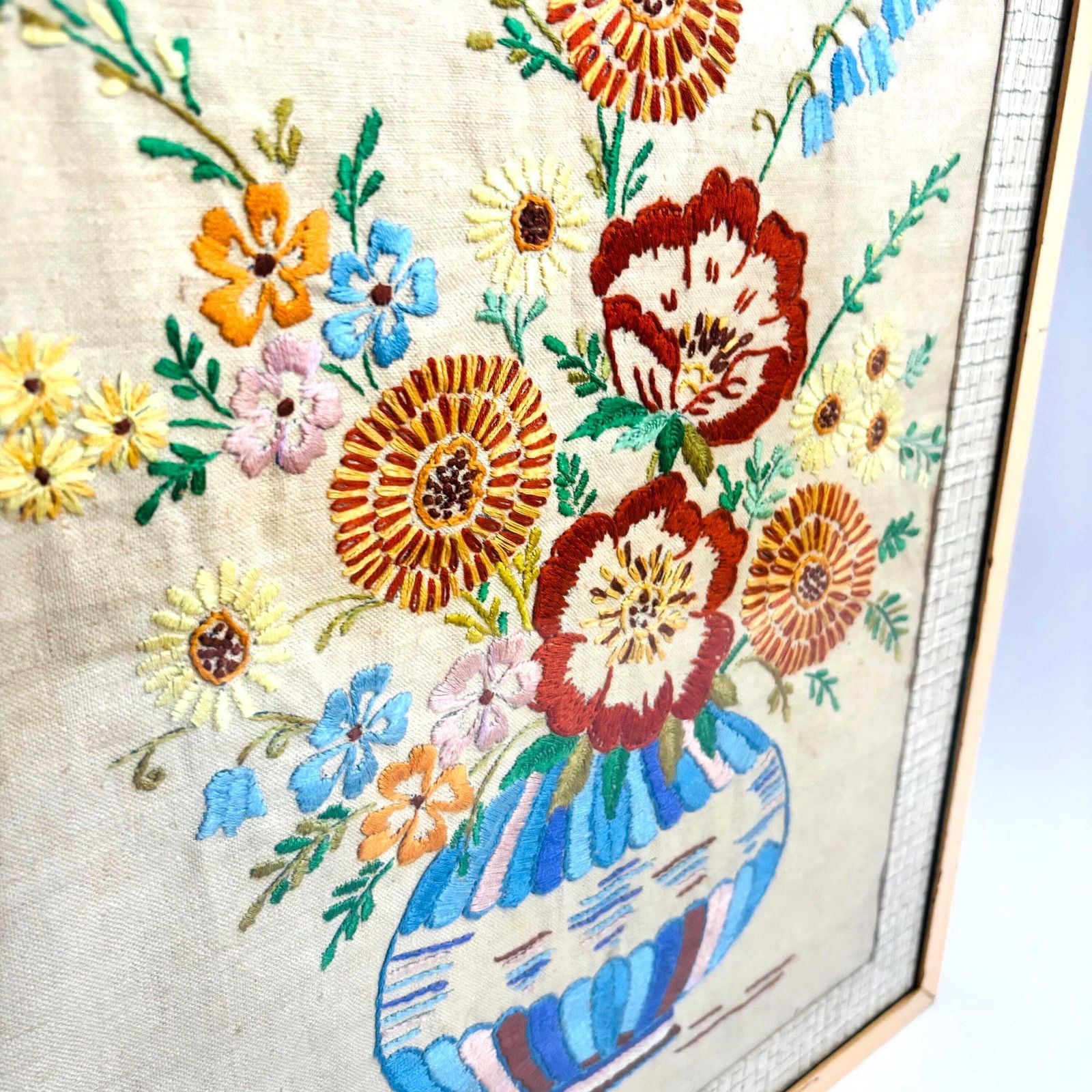 photo for sale 1950s Floral Hand Embroidery: Mid Century Linen Art In Metal Frame.